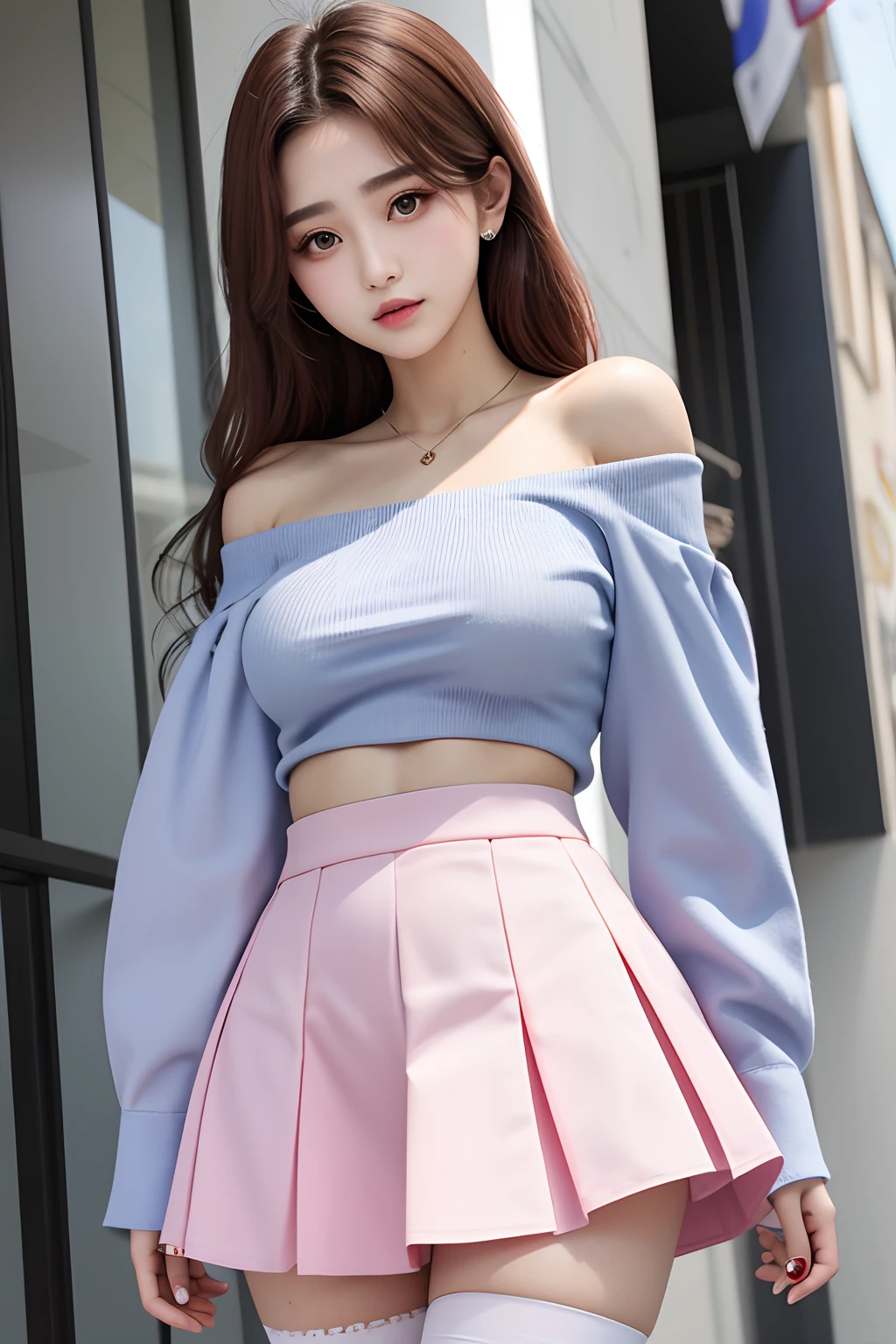a beautiful 17yo Turki woman, off shoulder shirt, bomi a line skirt ,naughty, thighhighs
