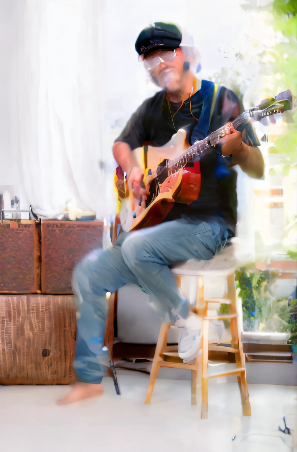 Man sitting on a stool playing a guitar in a room, guitarrista, ramil sunga, playing the guitar, cantor e compositor, ((Tatsuro Yamashita)), Man playing guitar, carregando uma guitarra, solo de guitarra, O guitarrista, playing a guitar, cantor - compositor, Thawan Duchanee, holding a guitar, ross bronzeado, The Music Guy