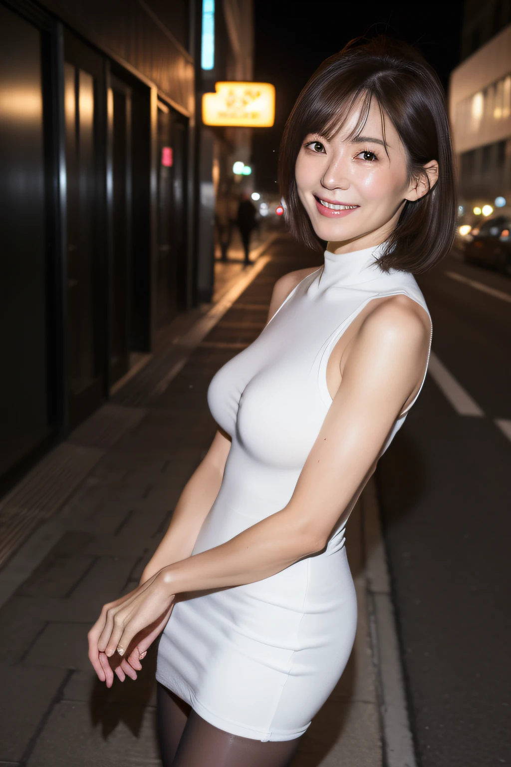 gravure, masutepiece, Best Quality, Ultra-fine face、 Photorealistic, super detailed skin, Perfect Anatomy, (1 japanese mature woman), (Solo), sixty years old, (Wrinkles at the corners of the eyes:1.3), Large breasts, A MILF, glamor, A sexy, Chromo-white skin, Looking at Viewer、Super large udder、Golden Ultra Mini Sleeveless Tight Fit Knit Dress、Muchimuchi、Black pantyhose、high-heels、Smile、is standing、On the street at night、Street prostitution、Brown hair