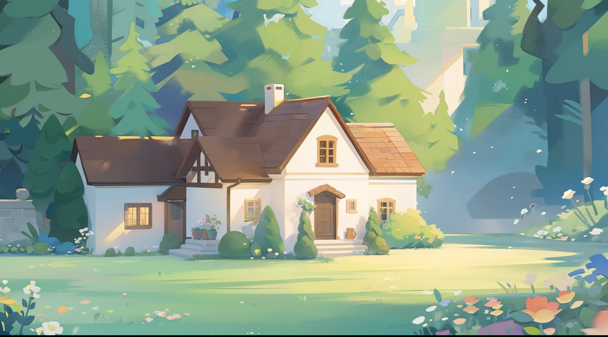 watercolor storybook illustration, hidden huge whimsical asymmetrical castle, warm colors, colorful flower garden, overgrown vines and plants, trees and bushes