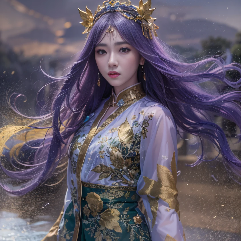 Cornmeal glass 32K（tmasterpiece，k hd，hyper HD，32K）Long flowing bright purple hair，Autumn Pond，zydink， a color， Asian people （Fairy）， （Red scarf）， Combat posture， looking at the ground， long whitr hair， Floating bright purple， Fire cloud pattern gold tiara， Chinese long-sleeved gold silk garment， （abstract ink splash：1.2）， white backgrounid，Lotus protector（realisticlying：1.4），Bright purple hair，Smoke on the road，The background is pure， A high resolution， the detail， RAW photogr， Sharp Re， Nikon D850 Film Stock Photo by Jefferies Lee 4 Kodak Portra 400 Camera F1.6 shots, Rich colors, ultra-realistic vivid textures, Dramatic lighting, Unreal Engine Art Station Trend, cinestir 800，Long flowing bright purple hair