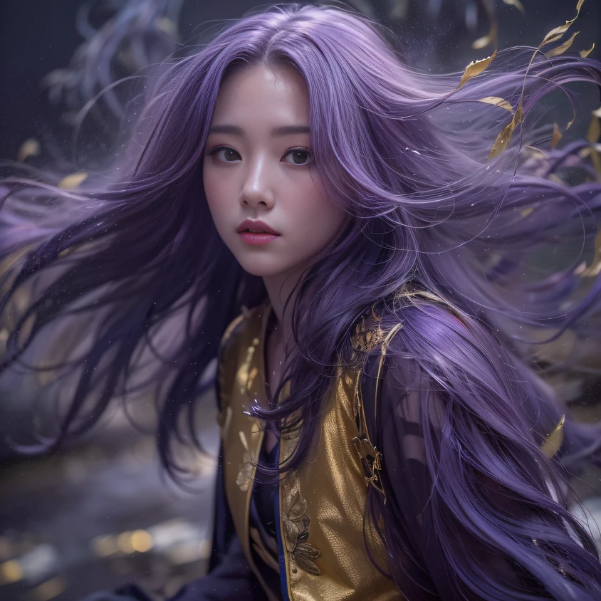 Cornmeal glass 32K(tmasterpiece,k hd,hyper HD,32K)Long flowing bright purple hair,Autumn Pond,zydink, a color, Asian people (Fairy), (Red scarf), Combat posture, looking at the ground, long whitr hair, Floating bright purple, Fire cloud pattern gold tiara, Chinese long-sleeved gold silk garment, (abstract ink splash:1.2), white backgrounid,Lotus protector(realisticlying:1.4),Bright purple hair,Smoke on the road,The background is pure, A high resolution, the detail, RAW photogr, Sharp Re, Nikon D850 Film Stock Photo by Jefferies Lee 4 Kodak Portra 400 Camera F1.6 shots, Rich colors, ultra-realistic vivid textures, Dramatic lighting, Unreal Engine Art Station Trend, cinestir 800,Long flowing bright purple hair