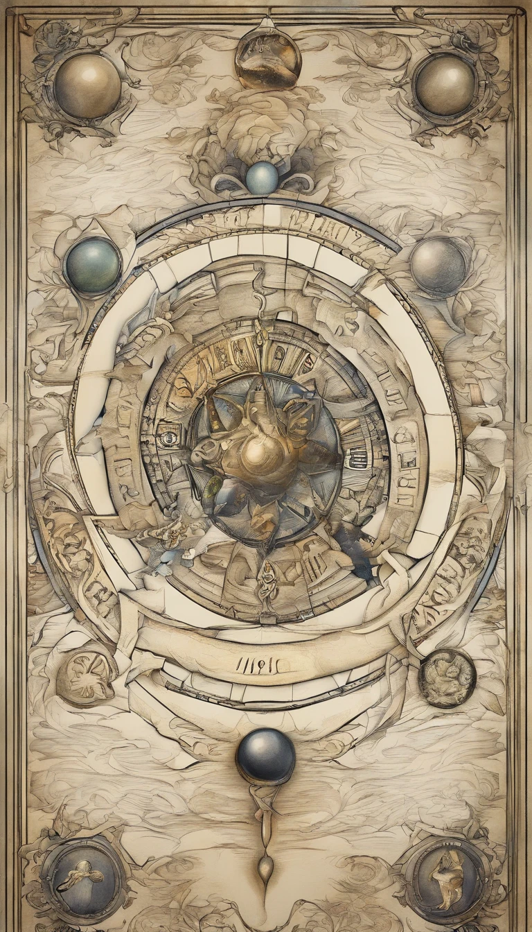 Plano de Fundo: Start with a dark and mysterious background to represent the symbolic universe of tarot. Pode ser um profundo tom de azul-marinho ou preto, sugerindo a noite estrelada.

A Roda: No centro da imagem, desenhe uma grande roda dourada, que representa a Roda da Fortuna. The wheel should be divided into four sections, each with one of the four key symbols of the Wheel of Fortune: um anjo, um homem, a lion and an eagle. Each section should be richly detailed and adorned with astrological symbols, Like the signs of the zodiac.

The Symbols of the Wheel: No topo da roda, coloque um anjo com asas estendidas, symbolizing divine inspiration. On the right hand, represente um homem segurando uma espada, denoting human action. Abaixo, Draw a roaring lion, indicating passions and instincts. On the left hand, Put an eagle in flight, representing transformation and keen vision. Certifique-se de que cada figura tenha um rosto expressivo.

As Esferas: No centro da roda, Place three smaller spheres. Na esfera superior, desenhe a figura do Sphinx, A symbol of wisdom. Na esfera do meio, represente a palavra "TAROT" em letras estilizadas. Na esfera inferior, Put a snake biting its own tail, simbolizando o ciclo eterno.

A Borda da Roda: Decorate the edge of the wheel with astrological symbols, Like the signs of the zodiac, and insert small details that represent the change and rotation of the wheel.

Elementos Adicionais: Para enfatizar a ideia de fortuna e destino, adicione elementos que representem o passado, presente e futuro, like antique clocks, correntes, e uma figura feminina que personifica a Fortuna, holding a cornucopia pouring riches.

Cores e Efeitos: Use tons dourados e ricos para a Roda da Fortuna e suas figuras, and add a soft glow to enhance the divine element. Keep the background dark to create contrast and highlight the wheel.

Texto: Include the number "10" and the title "A Roda da Fortuna" de forma elegante na parte inferior da imagem, em uma fonte que co