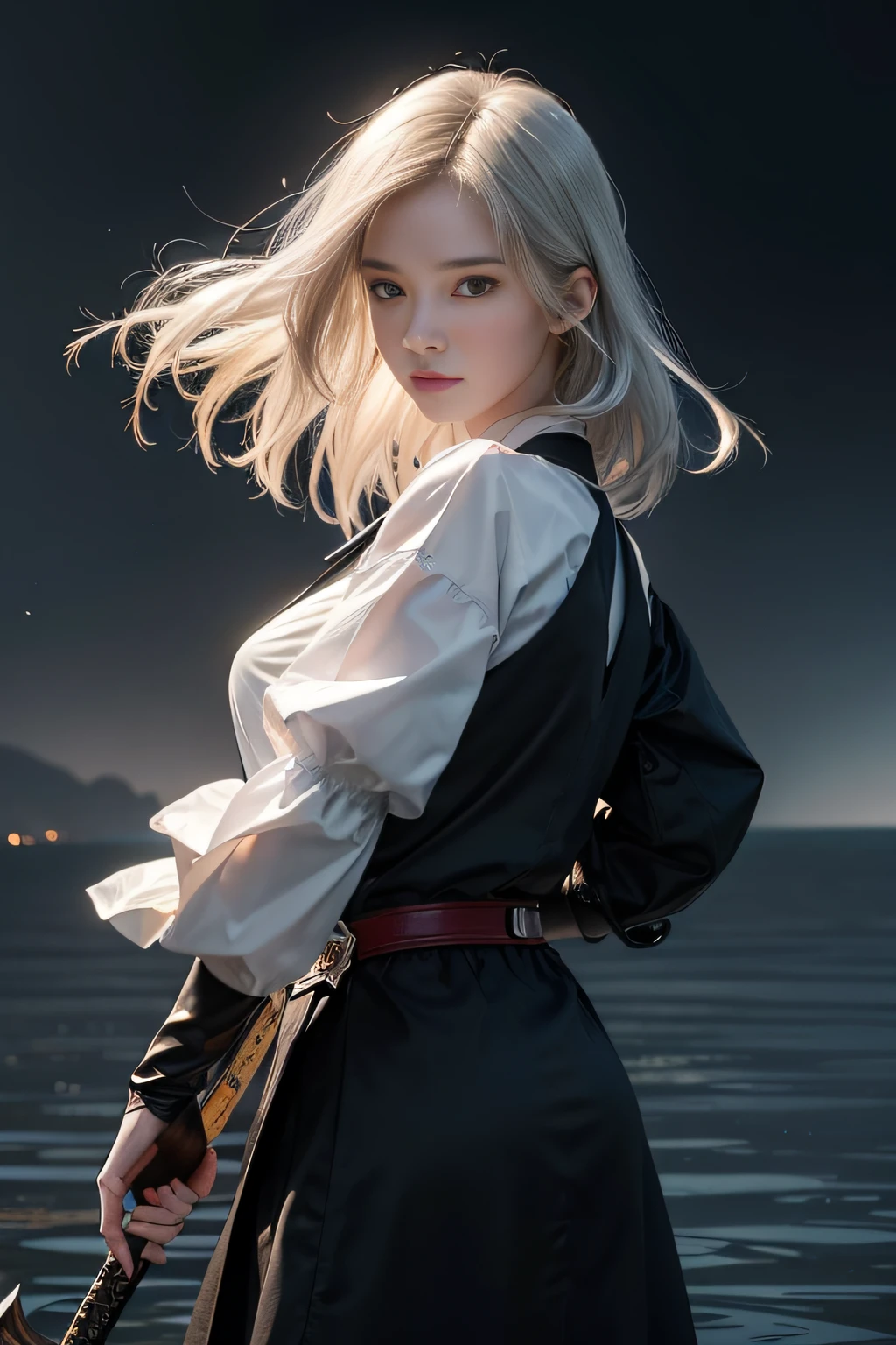 Masterpiece, realism, realism, realism, high contrast, realistic digital art trend in Artstation 8k HD HD detail realism, 1girl,(water, water ring)), weapons, swords, solo, samurai sword, hold, water, gray eyes, holding weapons, Japanese clothes, holding swords, white hair, long hair, kimono, black hair, wide sleeves, long sleeves, lips, lens cowboy, black background, back, separated lips, artistic reproduction and surrealist painting of Ruan Jia and Graygrutkowski, detailed, skin texture, super detailed, realistic skin texture,Negative tips: (worst quality, low quality: 1.4),(fuze: 1.4),(worst quality: 1.1),(low quality: 1.4:1.1),
Low resolution, bad anatomy, bad hands, text, error, missing fingers, many fingers, few fingers, cropping, worst quality, low quality,
multiple fingers, bad proportions, thick proportions, text, errors, missing fingers, missing arms, missing legs, extra fingers, extra limbs,
Extra arms, extra legs, deformed limbs, fused fingers, too many fingers, long necks, crossed eyes, mutated hands, cropped, poorly drawn hands,
poorly painted face, variation, deformation, worst quality, low quality, normal quality, blurred, ugly, repetitive, sick, mutilated, out-of-frame, body out-of-frame,
(Worst quality, low quality: 1.4, bad proportion, thick proportion, text, error, missing finger, missing arm, missing leg, extra finger,
extra limbs, extra arms, extra legs, deformed limbs, fused fingers, too many fingers, long neck, crossed eyes, variant hands, cropped,
poorly drawn hand, poorly drawn face, variation, deformation, worst quality, low quality, normal quality, blurred, ugly, repetitive, morbid, mutilated, out-of-frame,
Body frame outside, badhandv4,ng_deepnegative_v1_75t_2,EasyNegative, side.
Step length: 20, size: 2048x 2048, seed: 3955544523, model: Wei, ultra-high definition realistic remade collection edition | OnlyRealist, sampler:
DPM 2M Karras,CFG Ratio: 7