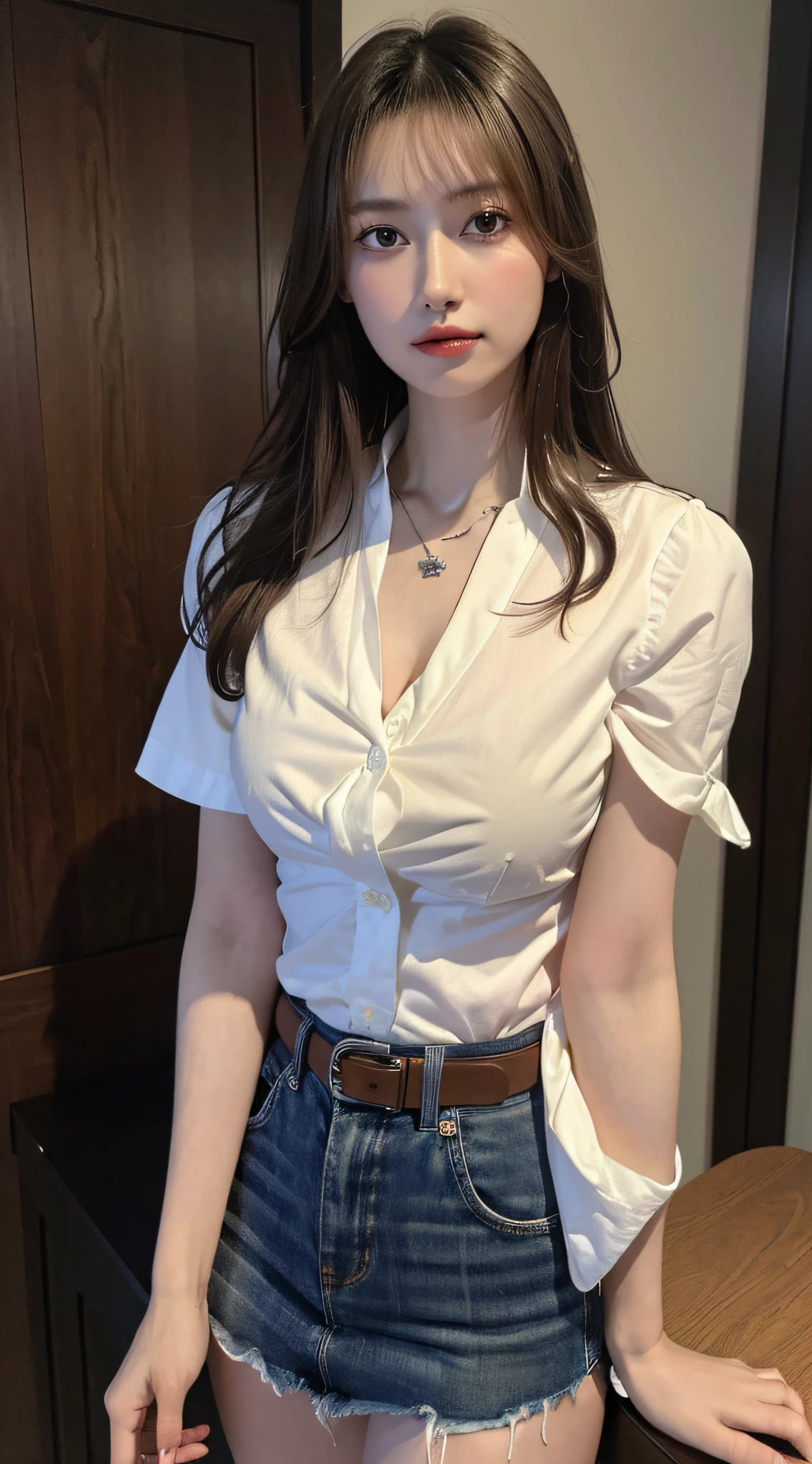 (top-quality、hight resolution、​masterpiece:1.3)、Tall and cute woman、Slender Abs、Dark brown hair styled in loose waves、large full breasts、Wearing a pendant、White button-up shirt、a belt、a black skirt、(Modern architecture in background)、Details exquisitely rendered in the face and skin texture、A detailed eye、二重まぶた、爆乳、undergarment、