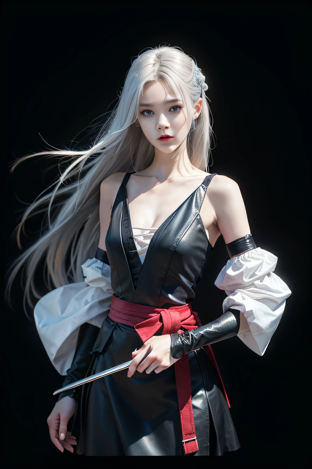 Masterpiece, realism, realism, realism, high contrast, realistic digital art trend in Artstation 8k HD HD detail realism, 1girl,(water, water ring)), weapons, swords, solo, samurai sword, hold, water, gray eyes, holding weapons, Japanese clothes, holding swords, white hair, long hair, kimono, black hair, wide sleeves, long sleeves, lips, lens cowboy, black background, back, separated lips, artistic reproduction and surrealist painting of Ruan Jia and Graygrutkowski, detailed, skin texture, super detailed, realistic skin texture,Negative tips: (worst quality, low quality: 1.4),(fuze: 1.4),(worst quality: 1.1),(low quality: 1.4:1.1),
Low resolution, bad anatomy, bad hands, text, error, missing fingers, many fingers, few fingers, cropping, worst quality, low quality,
multiple fingers, bad proportions, thick proportions, text, errors, missing fingers, missing arms, missing legs, extra fingers, extra limbs,
Extra arms, extra legs, deformed limbs, fused fingers, too many fingers, long necks, crossed eyes, mutated hands, cropped, poorly drawn hands,
poorly painted face, variation, deformation, worst quality, low quality, normal quality, blurred, ugly, repetitive, sick, mutilated, out-of-frame, body out-of-frame,
(Worst quality, low quality: 1.4, bad proportion, thick proportion, text, error, missing finger, missing arm, missing leg, extra finger,
extra limbs, extra arms, extra legs, deformed limbs, fused fingers, too many fingers, long neck, crossed eyes, variant hands, cropped,
poorly drawn hand, poorly drawn face, variation, deformation, worst quality, low quality, normal quality, blurred, ugly, repetitive, morbid, mutilated, out-of-frame,
Body frame outside, badhandv4,ng_deepnegative_v1_75t_2,EasyNegative, side.
Step length: 20, size: 2048x 2048, seed: 3955544523, model: Wei, ultra-high definition realistic remade collection edition | OnlyRealist, sampler:
DPM 2M Karras,CFG Ratio: 7