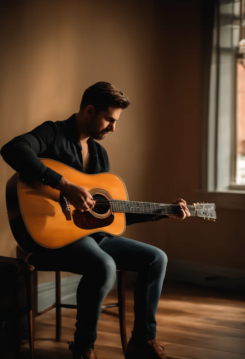 Man sitting on a stool playing a guitar in a room, guitarrista, playing the guitar, cantor e compositor, Man playing guitar, carregando uma guitarra, solo de guitarra, O guitarrista, playing a guitar, cantor - compositor, holding a guitar, ross  The Music Guy