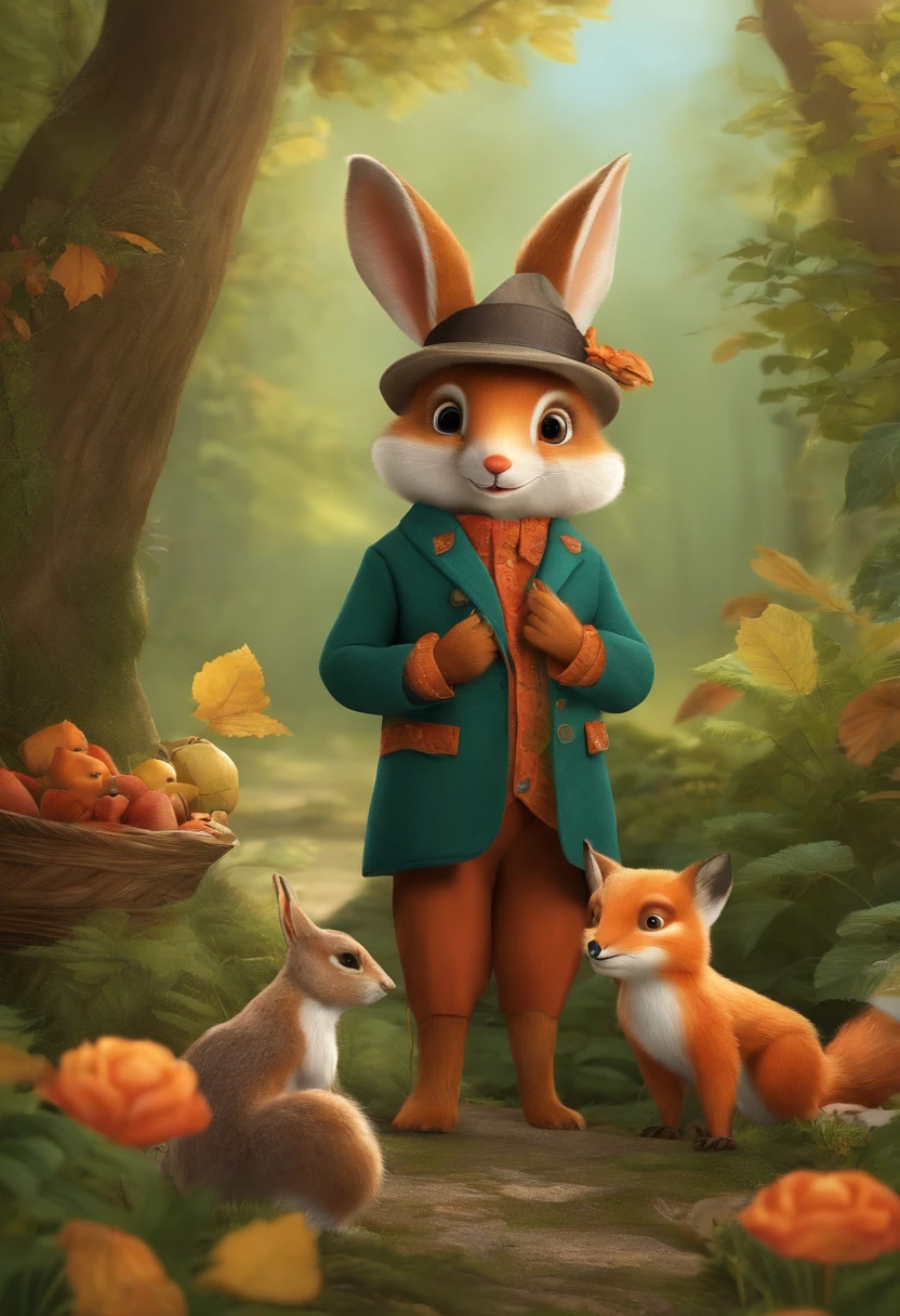 Childrenswear outfit, 児童書, A rabbit, a fox, Squirrels and owls, at a forest, pleasing, cheerful, stas