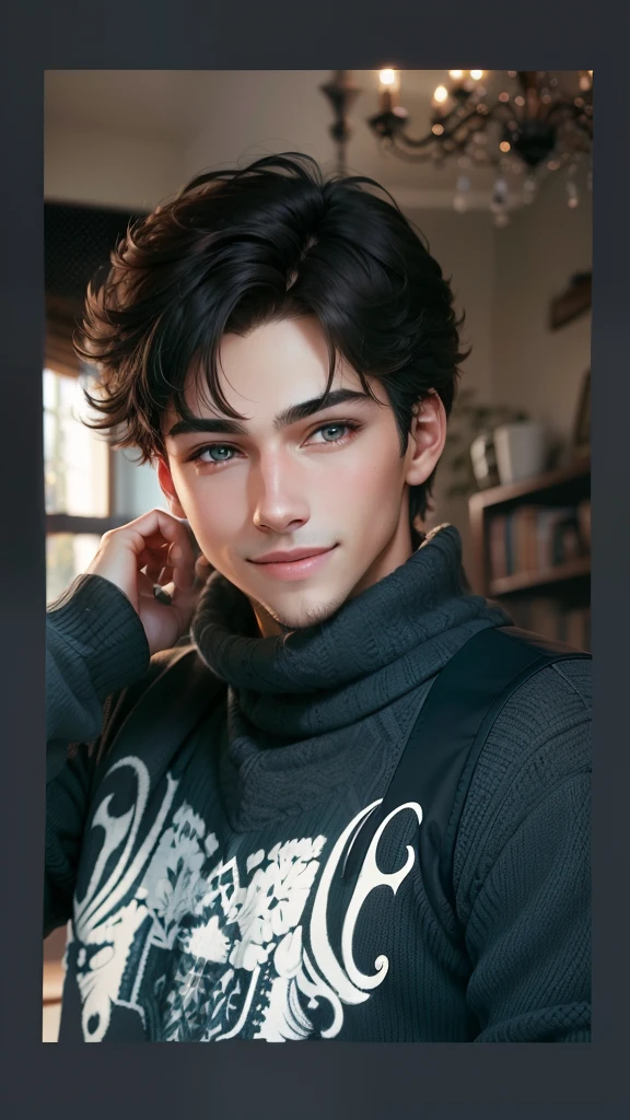 handsome boy, wearing sweater,detailed eyes,nice smile,well-groomed hair,casual pose,happy expression,soft lighting,natural background,portrait style,warm color palette,high quality