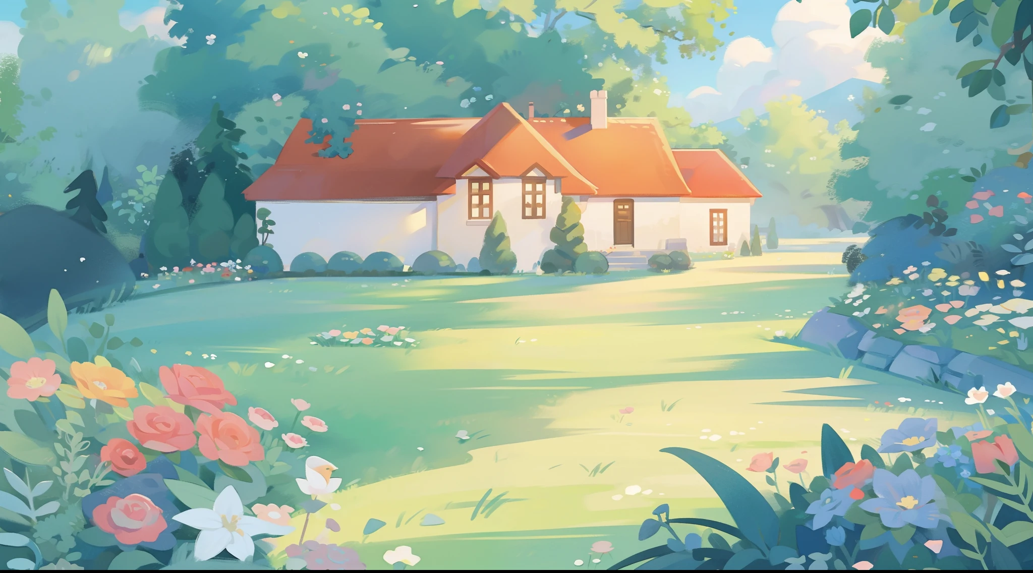 watercolor storybook illustration, hidden huge whimsical asymmetrical castle, warm colors, colorful flower garden, overgrown vines and plants, trees and bushes