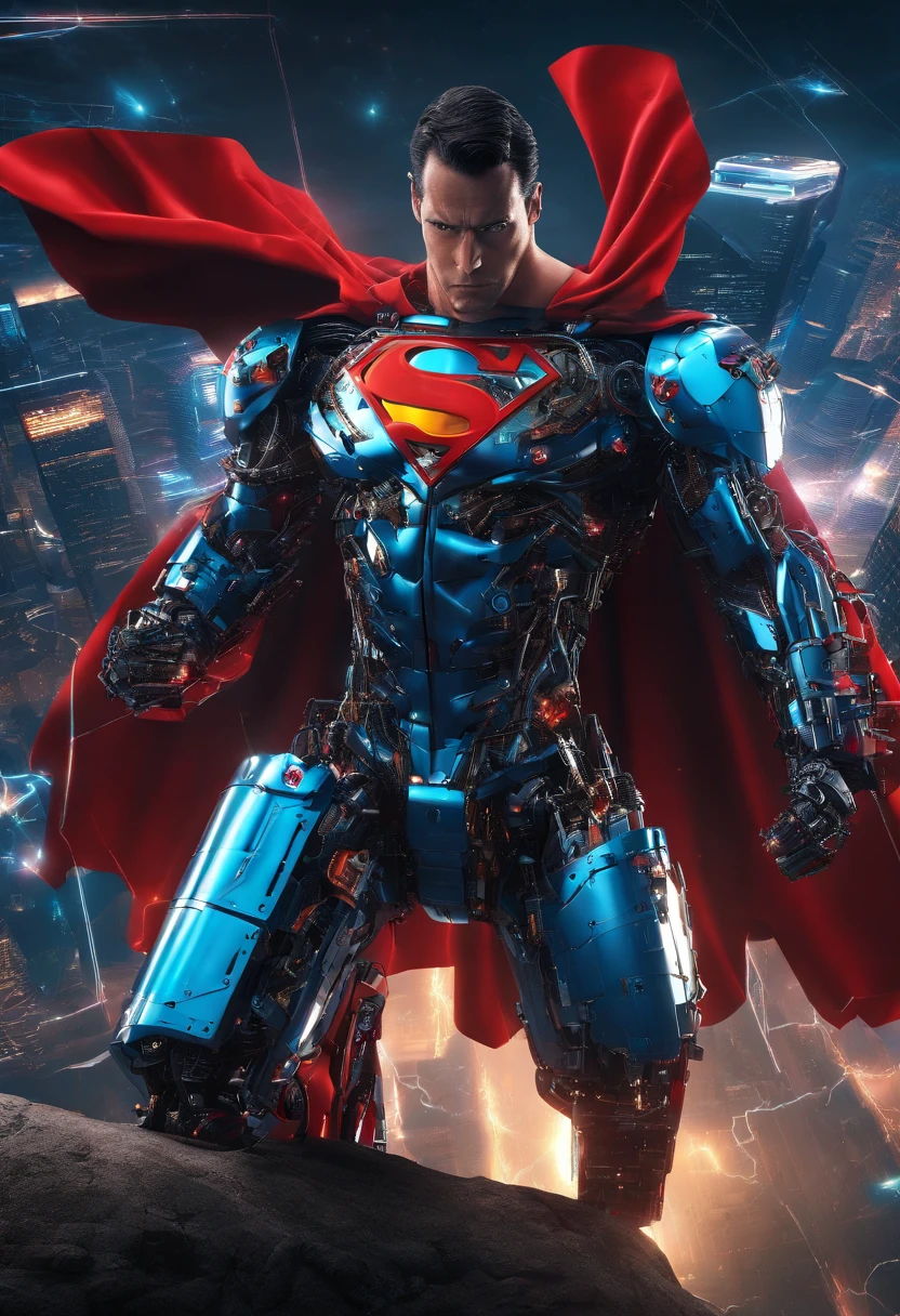 Superman levitates in the air,Lightning background
