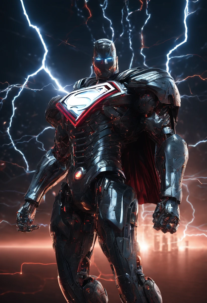 Superman levitates in the air,Lightning background