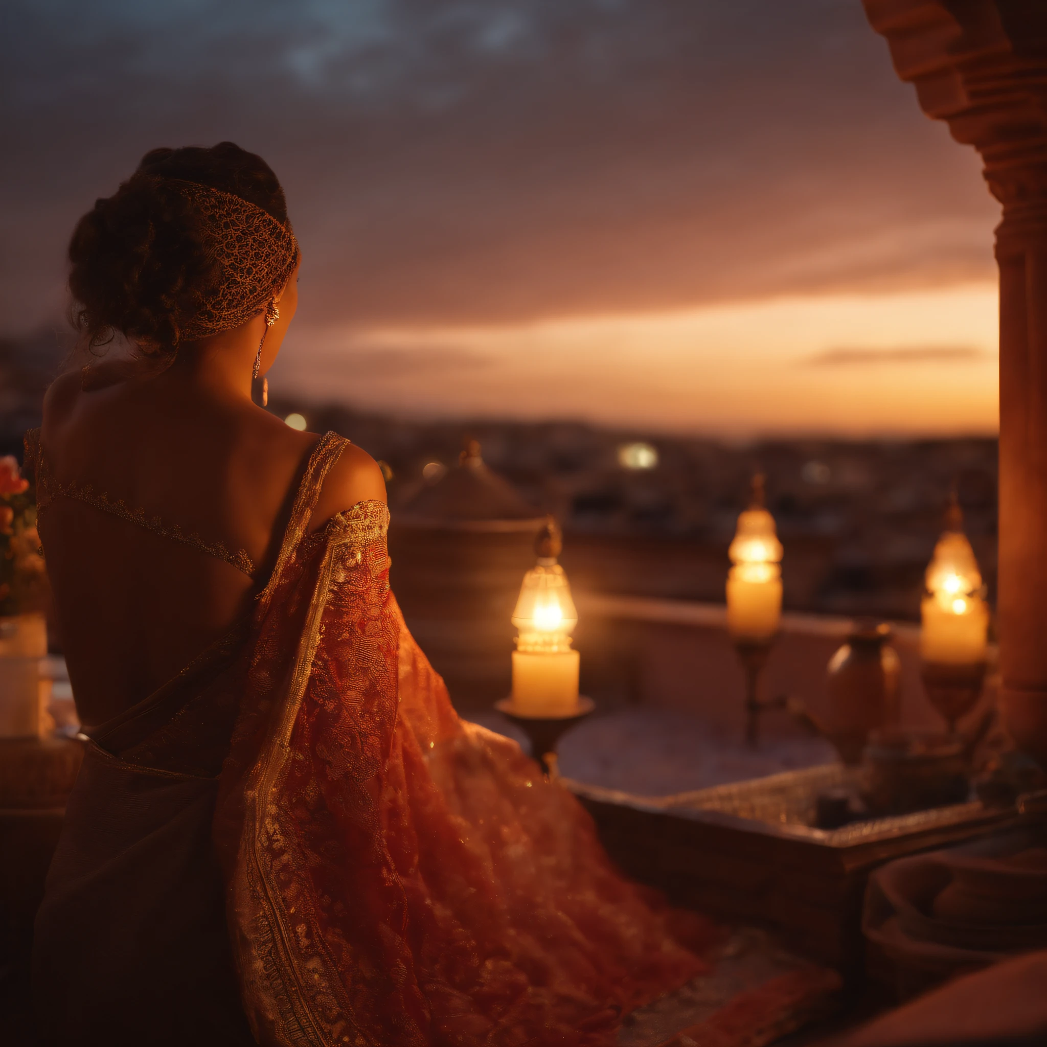 hyper realistic photo, ultra detailed photograph of a beautiful Moroccan rooftop, woman from behind, face hidden, towards view, praying, sobbing, lonely, photorealistic, riad rooftop, Amazigh pillows, Marrakech view, stunning sunset, iridescent, hyperrealism, moroccan lamps, sexy, Ultra photoreal, Intricate details, Ultra detailed, elegant photorealistic, great high details, hyper real photo, 8k, extreme quality, gorgeous roses, exotic, glimmering lights, magical, romantic,