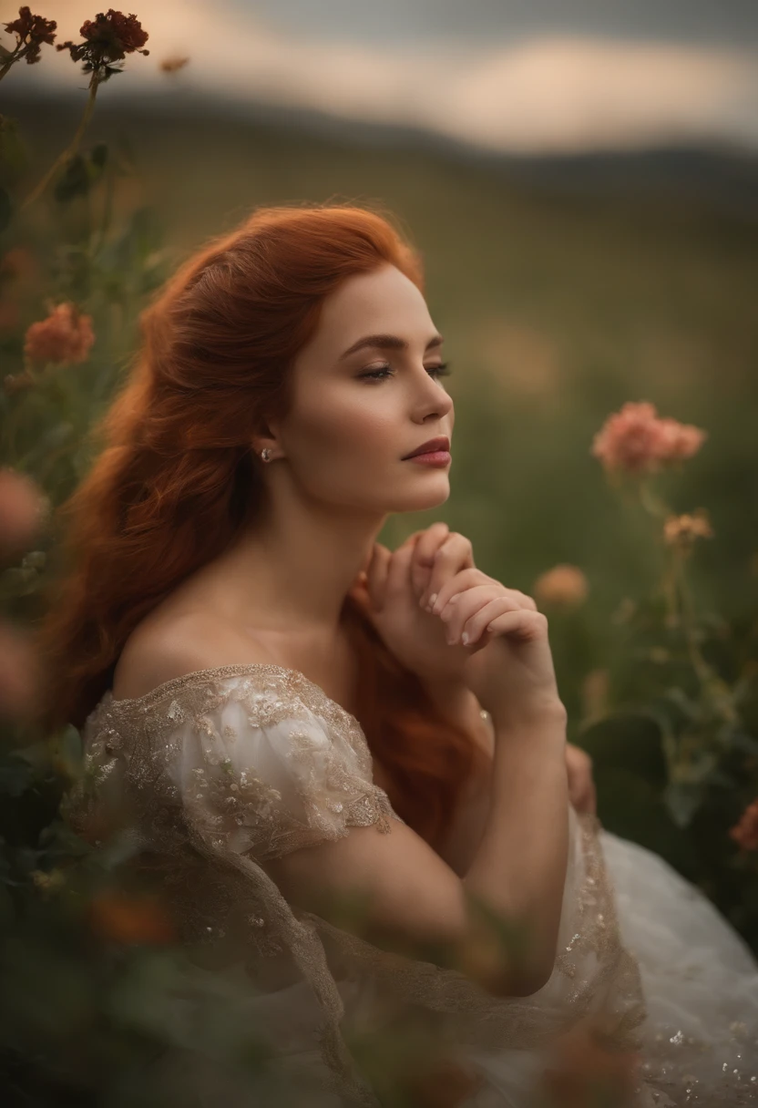 （tmasterpiece，Mejor calidad），joselinroja , Animar，1 girl with long red hair sitting in a field of greenery and flowers，su mano debajo de la barbilla，warmly lit，vestidos blancos，primer plano borroso, Multiple exposure, vivid color, star, flower