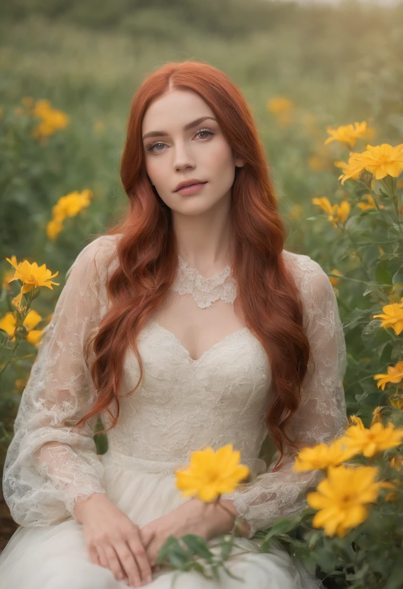 （tmasterpiece，Mejor calidad），joselinroja , Animar，1 girl with long red hair sitting in a field of greenery and flowers，su mano debajo de la barbilla，warmly lit，vestidos blancos，primer plano borroso, Multiple exposure, vivid color, star, flower