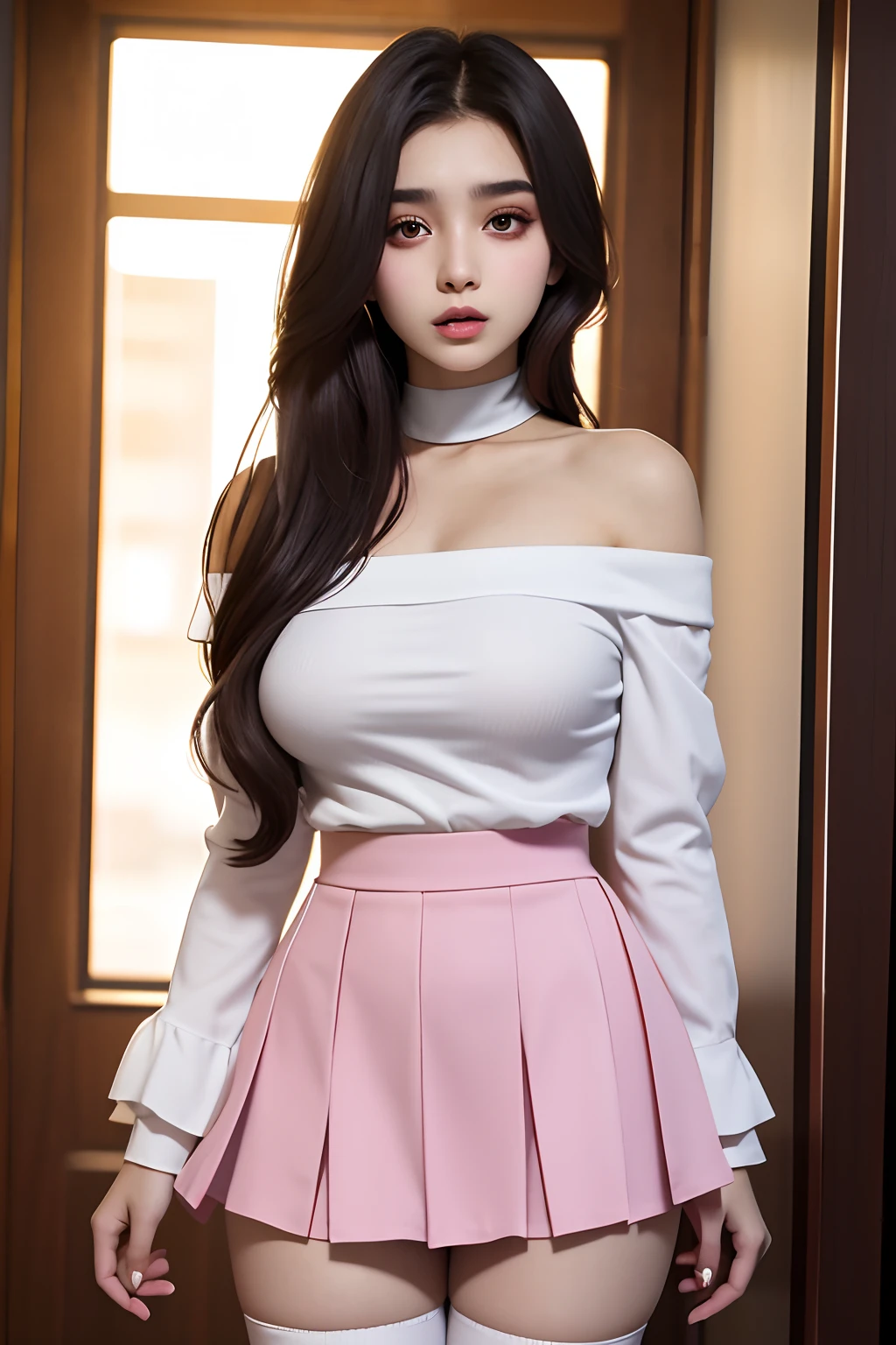 a beautiful yo Turki woman, off shoulder shirt, high waist short skirt ,naughty, thighhighs