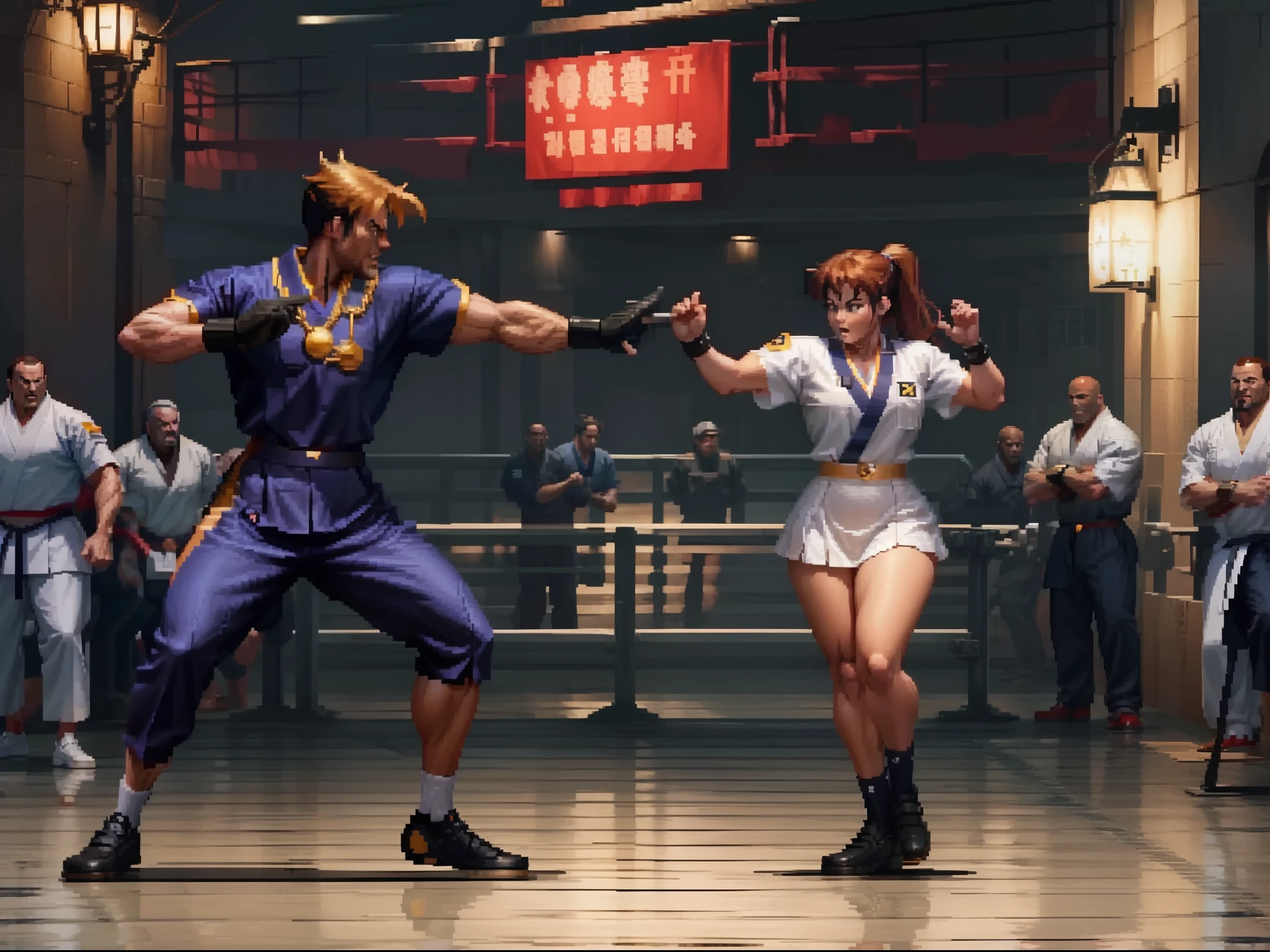 Fighting game screen, Two people facing each other, Girl in a sailor suit, Man in karateka costume, buttle, masterpiece, super detail, best quality