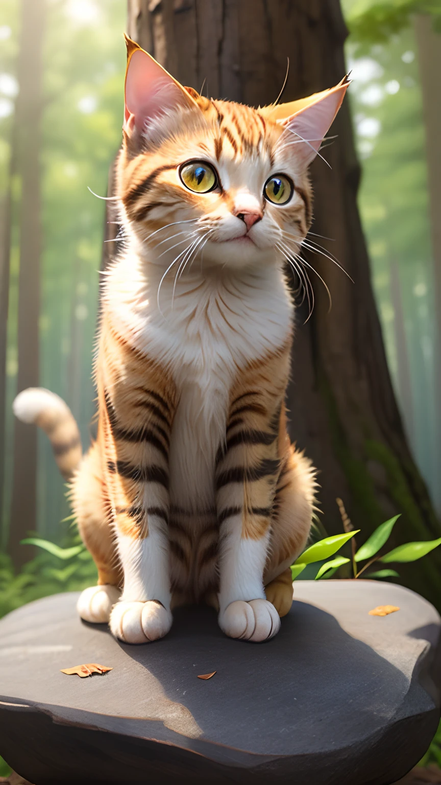 There was a cat standing on a rock next to a tree, Cute little yellow cat, awesome cat, a cute little cat, cute little cat, pouncing, One cute cat, AW, Cute cat photos, the cutest kitten ever, curious expressions, Cute cat, Beautifully and beautiful, mischievous look, cat in the forest, cute cute, Beautiful animals, Heel perspective