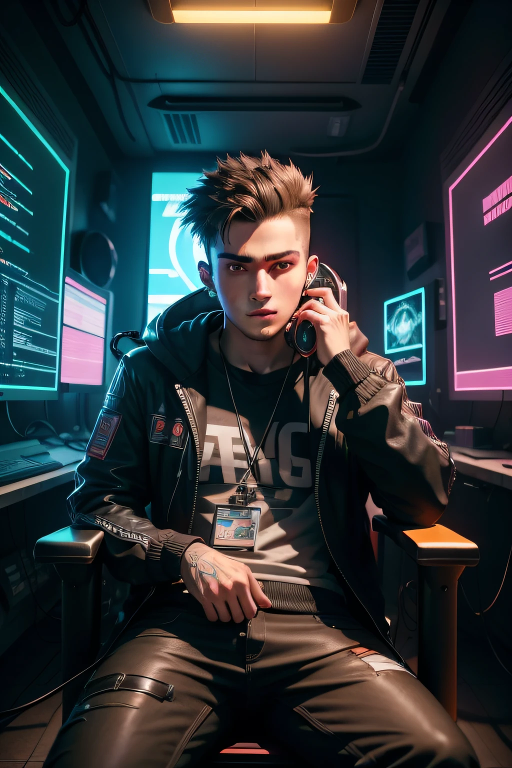 a young man siting in a chair, front view for camera  in a realistic interrior of a cyberpunk room , with a lot of screens, ,a lot of colorful cables, and a lot of lights, upscaling, raytracing, 8k
