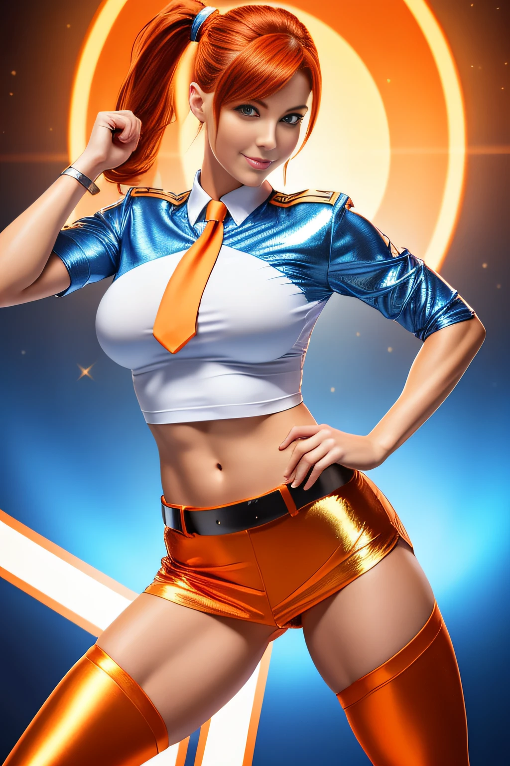 One Air Force officer in Alafe、Big breasts about to burst、thin and long legs,、Redhead blue eyes、Pony tail、Fitness Model、musculature、abdominals、Metallic Light Orange Jacket、Metallic light orange tight skirt、Metallic White Shirt、a belt、neck tie、Five-fingered、glistning skin、Cool smile、Pose ready to fight