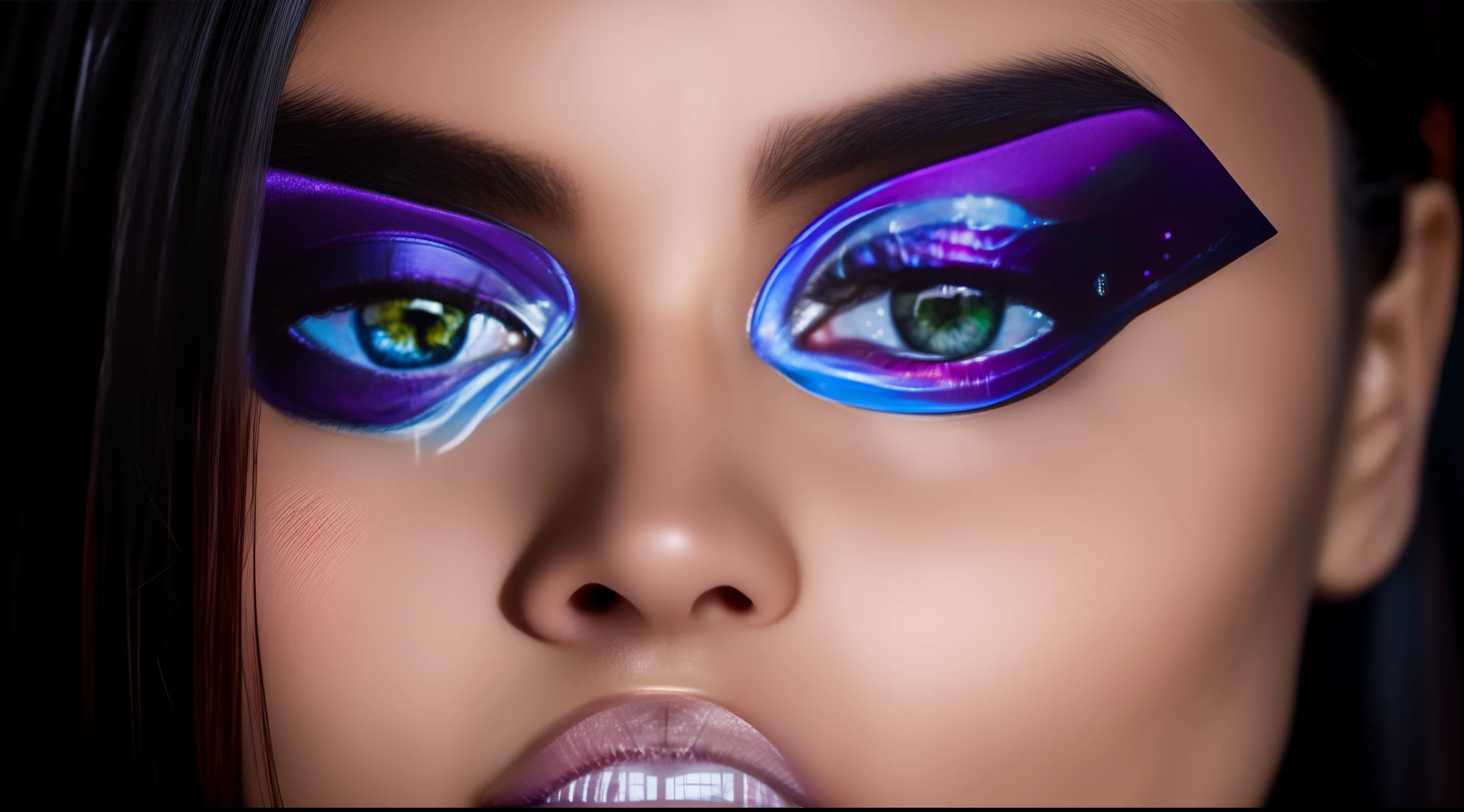 Ghostly portrait of a sexless alien, large empty eyes, sin cabello, piel verde escamosa, Futuristic from another dimension, alien creatures, cara completa, retrato, recto, cara completa, cosmic background, Altamente detallado, Photo green blue purple glitter, ojos rojos, mirada noble, Sexy Creature Adorable Image 8K Cinematic Dramatic Light, criatura sexi, asexuada, belleza salvaje, criatura buena y noble, peligrosa, mirada penetrante craneo estirado ojos grandes muy negros y gris, inteligencia superior, 8K, 16K intrincado, traje inteligente, traje rojo