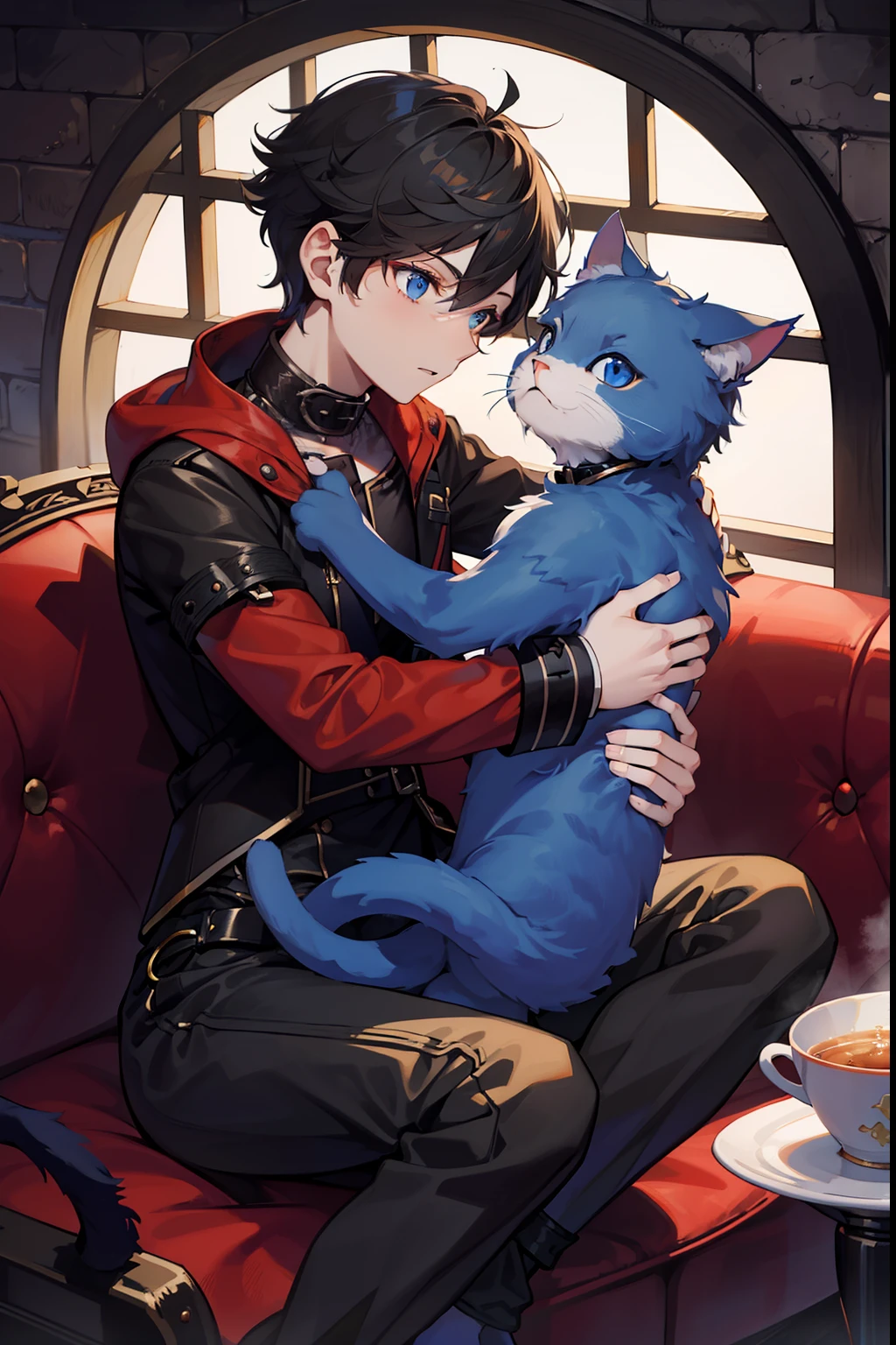 twinks　{{ember}}　male people　A dark-haired　blue eyess　Short hair　steampunc 　（catss）（Tiere）Cuddle the cat