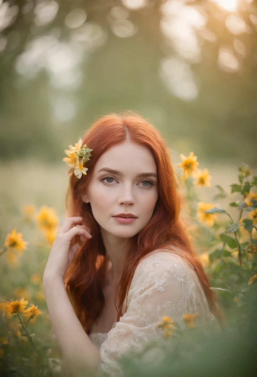Multiple exposure, vivid color, star, flower,1 girl with long red hair sitting in a field of greenery and flowers,su mano debajo de la barbilla,warmly lit,vestidos blancos,primer plano borroso,
