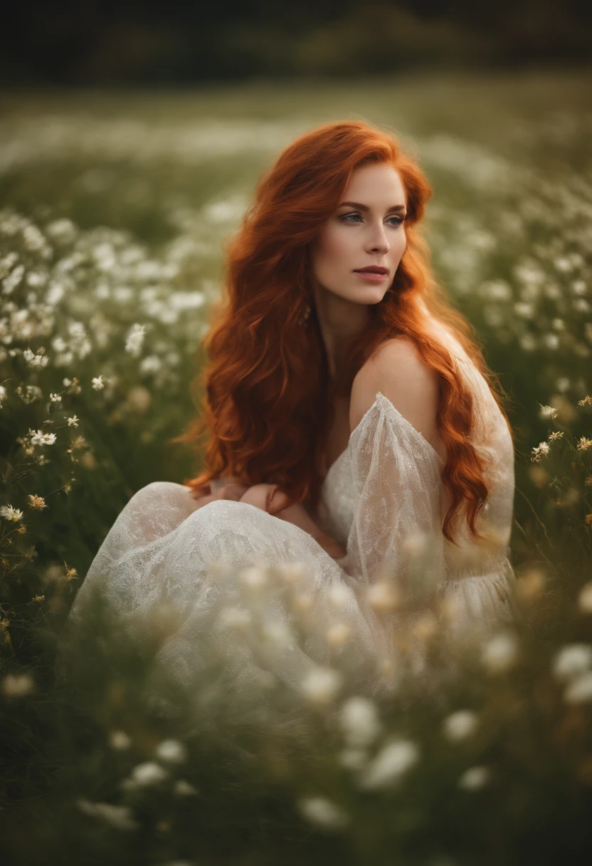 Multiple exposure, vivid color, star, flower，1 girl with long red hair sitting in a field of greenery and flowers，su mano debajo de la barbilla，warmly lit，vestidos blancos，primer plano borroso,