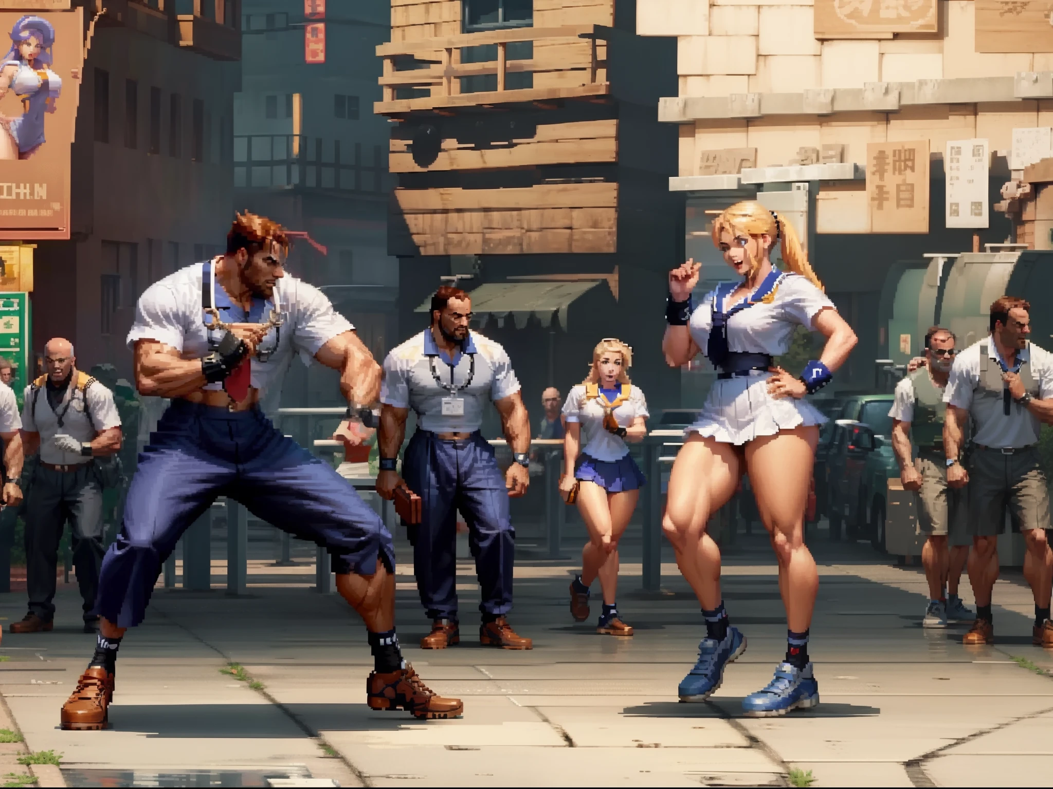 Fighting game screen, Girl in a sailor suit, Man in street clothes, buttle, masterpiece, super detail, best quality