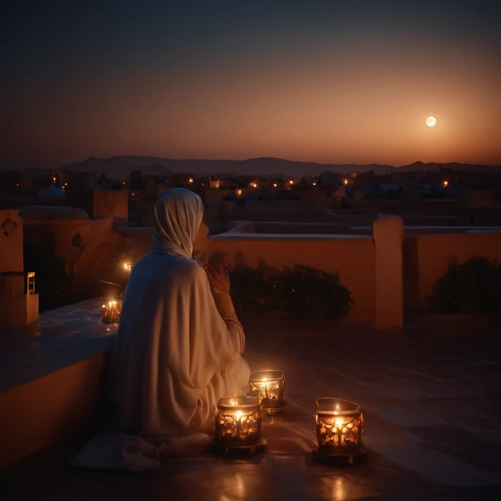 hyper realistic photo, ultra detailed photograph of a beautiful Moroccan rooftop, woman from behind, face hidden, towards view, praying, sobbing, lonely, photorealistic, riad rooftop, Amazigh pillows, Marrakech view, stunning moon, shimmeing stars, iridescent, hyperrealism, moroccan lamps, Ultra photoreal, Intricate details, Ultra detailed, elegant photorealistic, great high details, hyper real photo, 8k, extreme quality, Mgouna roses, exotic, glimmering lights, magical, romantic,