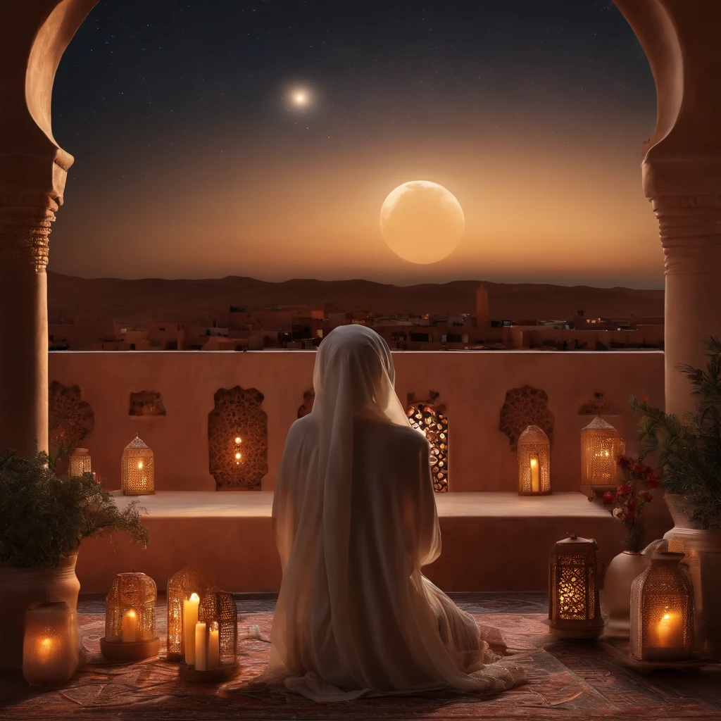 hyper realistic photo, ultra detailed photograph of a beautiful Moroccan rooftop, woman from behind, face hidden, towards view, praying, sobbing, lonely, photorealistic, riad rooftop, Amazigh pillows, Marrakech view, stunning moon, shimmeing stars, iridescent, hyperrealism, moroccan lamps, Ultra photoreal, Intricate details, Ultra detailed, elegant photorealistic, great high details, hyper real photo, 8k, extreme quality, Mgouna roses, exotic, glimmering lights, magical, romantic,