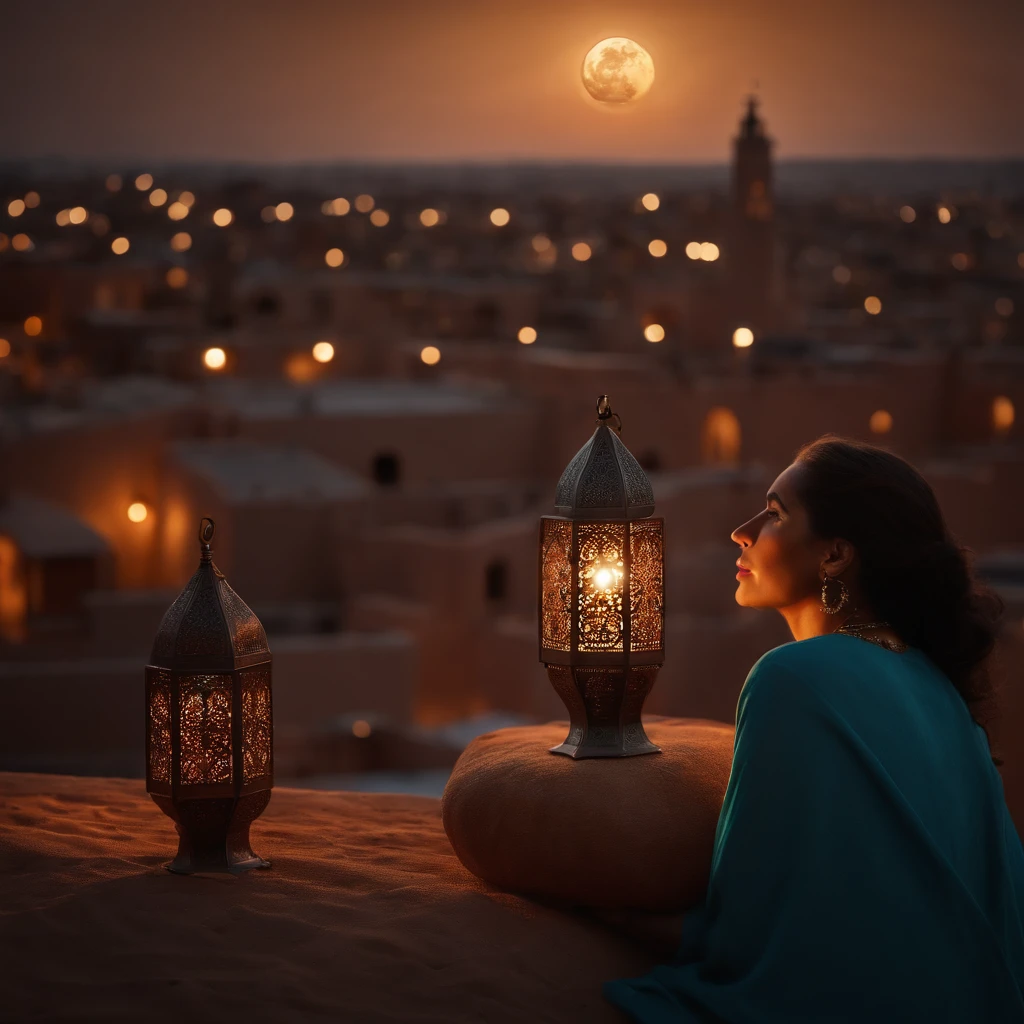 hyper realistic photo, ultra detailed photograph of a beautiful Moroccan rooftop, woman from behind, face hidden, towards view, praying, sobbing, lonely, photorealistic, riad rooftop, Amazigh pillows, Marrakech view, stunning moon, shimmeing stars, iridescent, hyperrealism, moroccan lamps, Ultra photoreal, Intricate details, Ultra detailed, elegant photorealistic, great high details, hyper real photo, 8k, extreme quality, Mgouna roses, exotic, glimmering lights, magical, romantic,