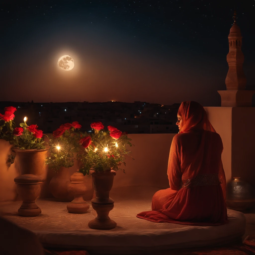 hyper realistic photo, ultra detailed photograph of a beautiful Moroccan rooftop, woman from behind, face hidden, towards view, praying, sobbing, lonely, photorealistic, riad rooftop, Amazigh pillows, Marrakech view, stunning moon, shimmeing stars, iridescent, hyperrealism, moroccan lamps, Ultra photoreal, Intricate details, Ultra detailed, elegant photorealistic, great high details, hyper real photo, 8k, extreme quality, Mgouna roses, exotic, glimmering lights, magical, romantic,