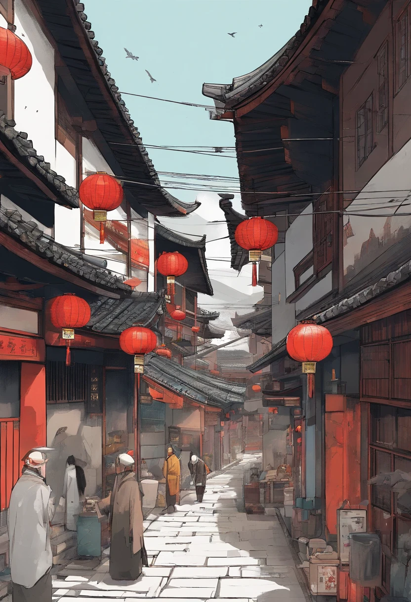 chinese street fantasy, ancient china, busy street