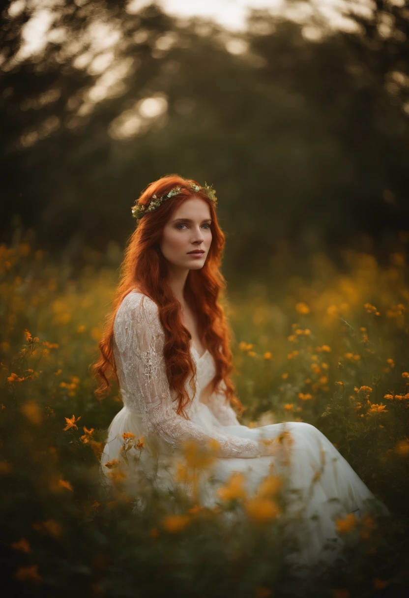 Multiple exposure, vivid color, star, flower，1 girl with long red hair sitting in a field of greenery and flowers，su mano debajo de la barbilla，warmly lit，vestidos blancos，primer plano borroso,