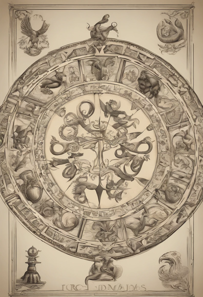 Plano de Fundo: Start with a dark and mysterious background to represent the symbolic universe of tarot. Pode ser um profundo tom de azul-marinho ou preto, sugerindo a noite estrelada.
A Roda: No centro da imagem, desenhe uma grande roda dourada, que representa a Roda da Fortuna. The wheel should be divided into four sections, each with one of the four key symbols of the Wheel of Fortune: um anjo, um homem, a lion and an eagle. Each section should be richly detailed and adorned with astrological symbols, Like the signs of the zodiac.
The Symbols of the Wheel: No topo da roda, coloque um anjo com asas estendidas, symbolizing divine inspiration. On the right hand, represente um homem segurando uma espada, denoting human action. Abaixo, Draw a roaring lion, indicating passions and instincts. On the left hand, Put an eagle in flight, representing transformation and keen vision. Certifique-se de que cada figura tenha um rosto expressivo.
As Esferas: No centro da roda, Place three smaller spheres. Na esfera superior, desenhe a figura do Sphinx, A symbol of wisdom. Na esfera do meio, represente a palavra "TAROT" em letras estilizadas. Na esfera inferior, Put a snake biting its own tail, simbolizando o ciclo eterno.
A Borda da Roda: Decorate the edge of the wheel with astrological symbols, Like the signs of the zodiac, and insert small details that represent the change and rotation of the wheel.
Elementos Adicionais: Para enfatizar a ideia de fortuna e destino, adicione elementos que representem o passado, presente e futuro, like antique clocks, correntes, e uma figura feminina que personifica a Fortuna, holding a cornucopia pouring riches.
Cores e Efeitos: Use tons dourados e ricos para a Roda da Fortuna e suas figuras, and add a soft glow to enhance the divine element. Keep the background dark to create contrast and highlight the wheel.
Texto: Include the number "10" and the title "A Roda da Fortuna" de forma elegante na parte inferior da imagem, em uma fonte que co