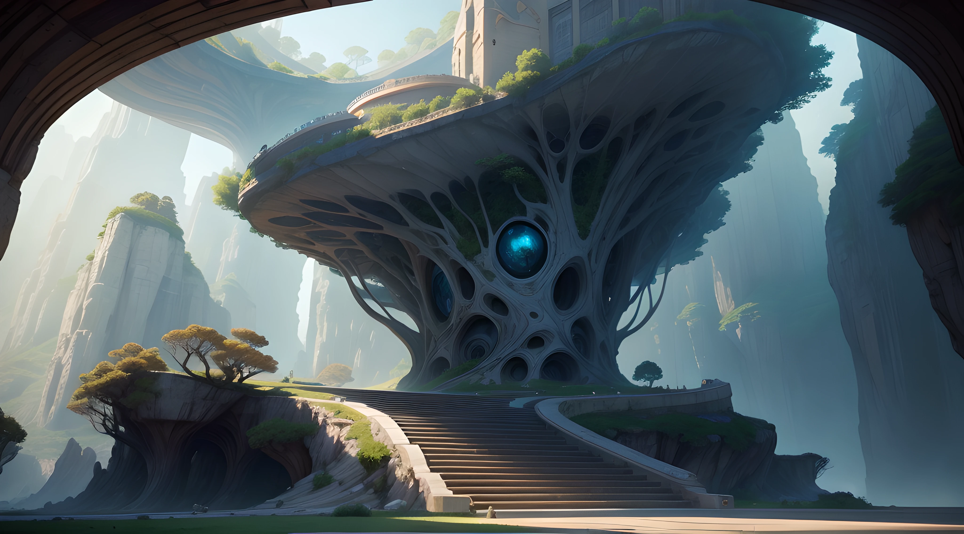 Empty Intricate designed brain-shaped library with stairs leading to the single doorway in a huge grassy canyon with gigantic walls and geometric patterns. Planets. Golden Ratio. Deep blue river. Hazy. Old Ancient Trees. Sci-fi. Inspiring. futuristic