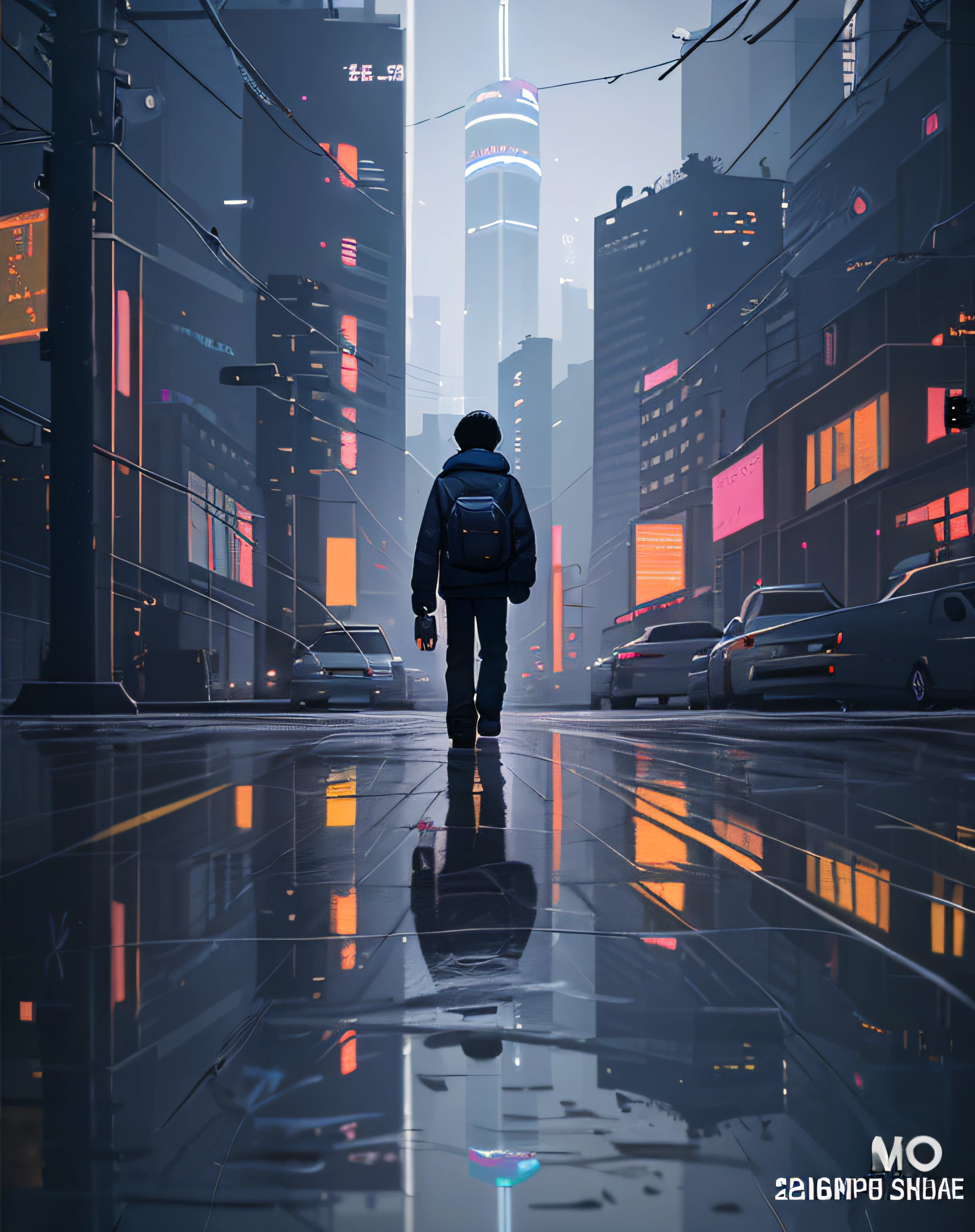 there is a man walking down a street with a dog, Praise Artstyle, inspired by Liam Wong, urban concept art, Makoto Shinkai Cyril Rolando, author:Alena Enemi, Lofi art, Guviz-style artwork, lo-fi illustration style, lofi hip hop, greg rutkowski makoto shinkai,1boys,A 13-year-old boy、full body shot of、facing back、The beginning of the adventure、Very dark sky、Lots of clouds,Heavy fog、starrysky、large moon,The chaotic city of the future、dystopian、A group of very tall skyscrapers stands in the center、Very complex cityscape,High brightness radio tower、Crowded Chinese skyscrapers、Signs、the street lights、taxis、the bus、Train、Fairly dim cinematic lighting、The Dark Road、Puddles、chaos、Beautiful and fantastic scenery、cinematic scenery、high high quality、masutepiece,8K、A high resolution、