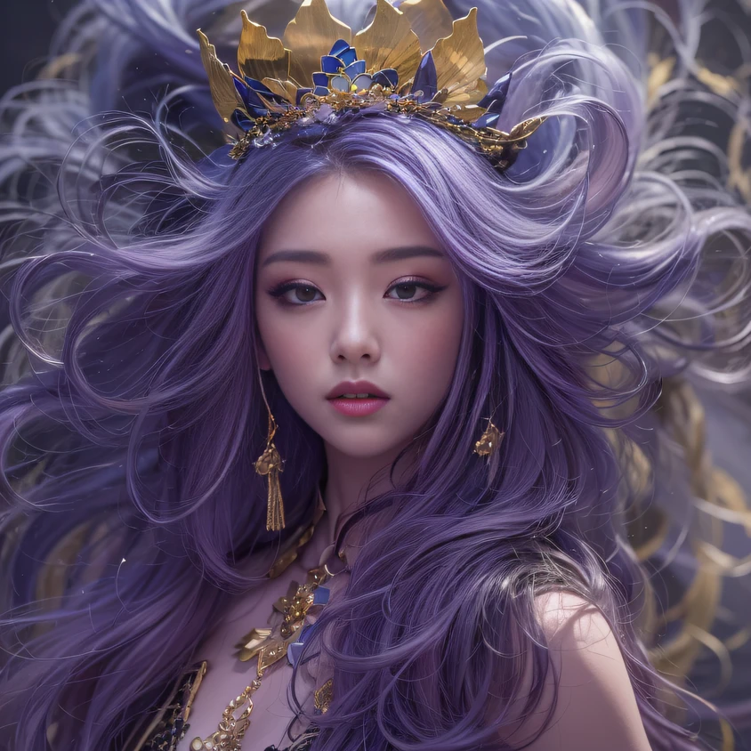 Agate glass texture 32K(tmasterpiece,k hd,hyper HD,32K)Long flowing bright purple hair,Autumn Pond,zydink, a color, Asian people (Kizi), (Red scarf), Combat posture, looking at the ground, long whitr hair, Floating bright purple, Fire cloud pattern gold tiara, Chinese long-sleeved gold silk garment, (abstract ink splash:1.2), white backgrounid,Lotus protector(realisticlying:1.4),Bright purple hair,Smoke on the road,The background is pure, A high resolution, the detail, RAW photogr, Sharp Re, Nikon D850 Film Stock Photo by Jefferies Lee 4 Kodak Portra 400 Camera F1.6 shots, Rich colors, ultra-realistic vivid textures, Dramatic lighting, Unreal Engine Art Station Trend, cinestir 800,Long flowing bright purple hair