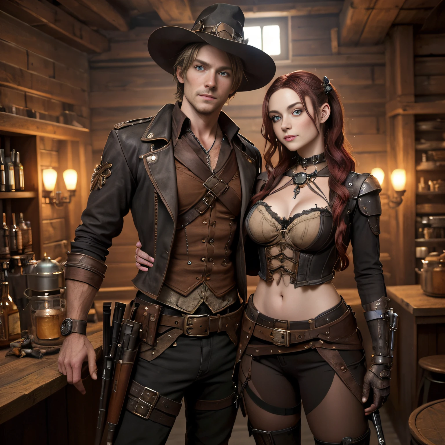(American Shot), a Steampunk girl and man couple. She is a very beautiful girl. He wears a crop top and she wears sexy clothes. They are both in a movie poster pose carrying weapons like in the poster for the movie Hansel and Gretel: Witch Hunters, The girl with (very light eyes), is a beautiful Steampunk goddess with (small breasts) and (((hips) little))). He is about 5' 3'' inches tall. ((He is quite a bit taller than her)), both of them (looking at the camera), lots of steampunk accessories on their clothes that light up, and Steampunk digital art. She is a mechanized Valkyrie girl. They are in a room. The image is a very warm atmosphere. with red tones