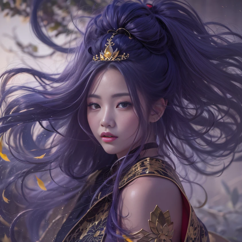Agate glass texture 32K（tmasterpiece，k hd，hyper HD，32K）Long flowing bright purple hair，Autumn Pond，zydink， a color， Asian people （Kizi）， （Red scarf）， Combat posture， looking at the ground， long whitr hair， Floating bright purple， Fire cloud pattern gold tiara， Chinese long-sleeved gold silk garment， （abstract ink splash：1.2）， white backgrounid，Lotus protector（realisticlying：1.4），Bright purple hair，Smoke on the road，The background is pure， A high resolution， the detail， RAW photogr， Sharp Re， Nikon D850 Film Stock Photo by Jefferies Lee 4 Kodak Portra 400 Camera F1.6 shots, Rich colors, ultra-realistic vivid textures, Dramatic lighting, Unreal Engine Art Station Trend, cinestir 800，Long flowing bright purple hair