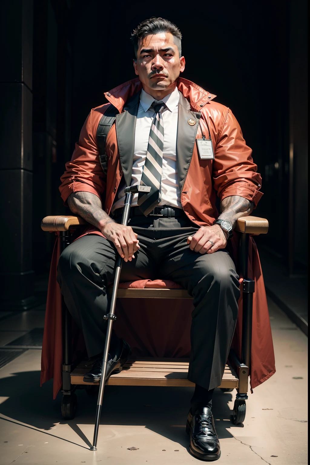 45-year-old middle-aged man，Man，Height 195，Asian people，sitting on a metal throne，God perspective，The eyes are about to face each other，Chinese men，musculature，Lift one foot，Wearing a black and white striped suit，Black and white striped trousers，red necktie，Wears a long red trench coat，long windbreaker，Black socks，Brown oxford shoes，Cord，Ferocious and ferocious，Club background，With crutches in hand