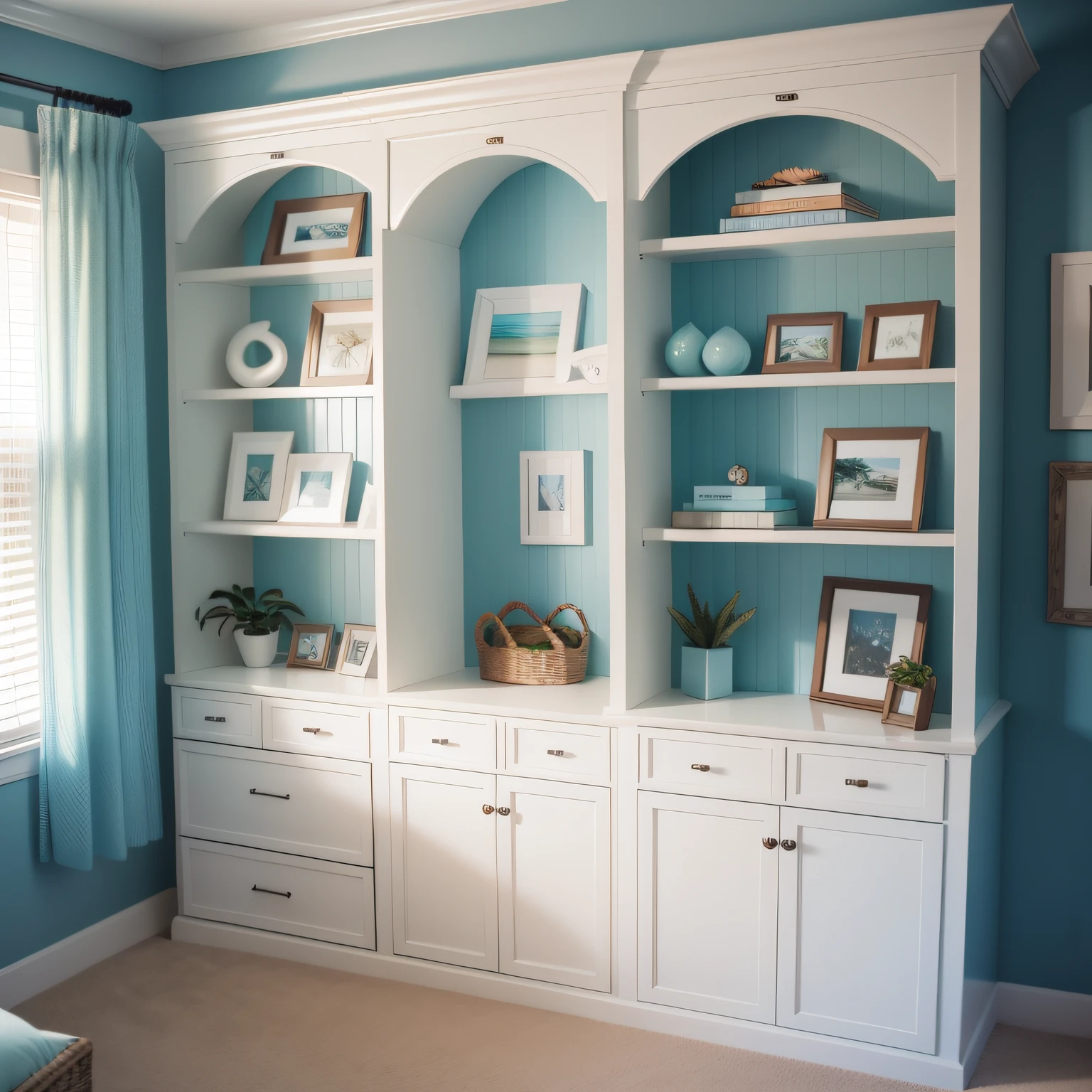 coastal master bedroom with Built-In Shelving & Decor