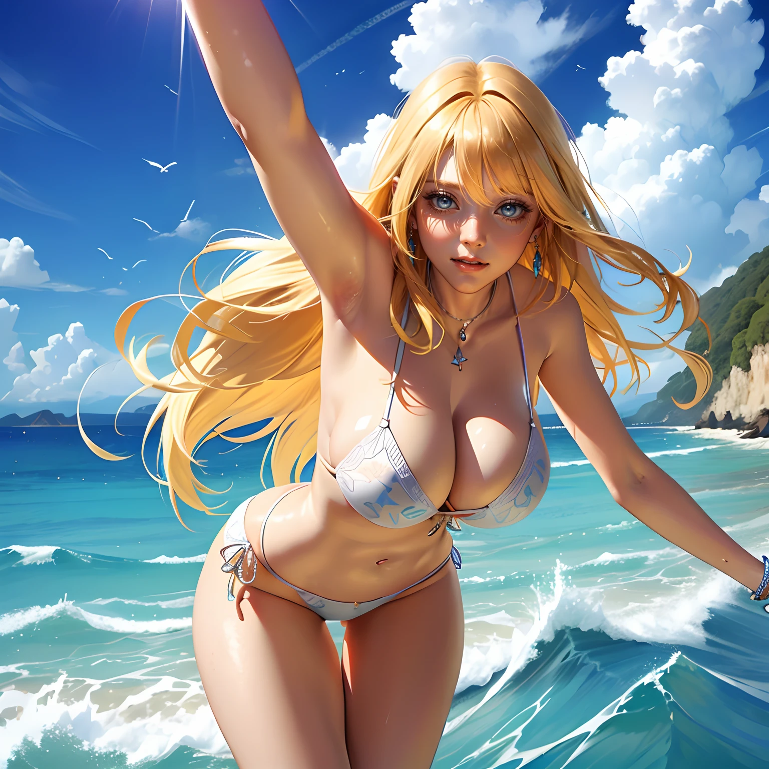 ultra-fotorrealista, mulher extremamente sedutora, seios enormes, Praia do Sol Celestial, super detailed illustration, blonde hair, olhos azuis cintilantes, cabelo longo, bikini white, corpo suado, vivid colors, foco nítido