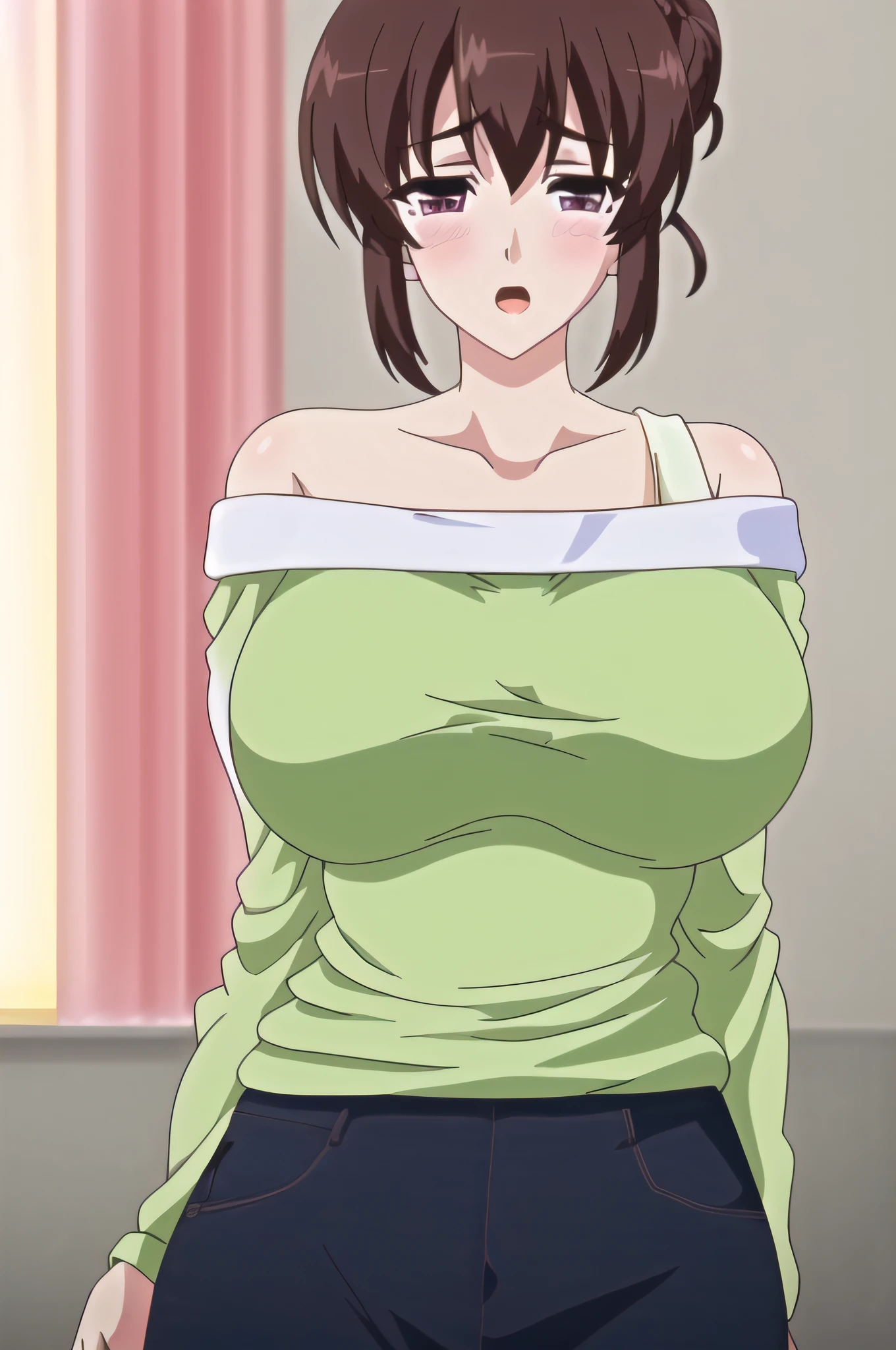Standing, blue pants, bare_shoulders,bra_strap,collarbone,denim,green_off-shoulder_shirt, off_shoulder, brown_hair,short_hair,hair bun, opened mouth, blush,Ultra Detailed Face, Detailed Lips, Fine Eyes, Double Eyelids, ((( blush: 1.3)), (((blushful:1.3))),, (in the room), looking at viewer,(Focus on her face), (best_quality:1.0), ultra high res,4K,ultra-detailed, photography, 8K, HDR, highres, absurdres:1.2, Kodak portra 400, film grain, blurry background, bokeh:1.2, lens flare, (vibrant_color:1.2) ,[perfect body, simetrical body, curvy, wide hips, thick thighs] ,anime style, unparalleled masterpiece, ultra realistic 8k CG, perfect artwork, ((perfect female figure)), open mouth, spread legs, narrow waist, looking at viewer, seductive posture, , alluring, clean, beautiful face, pure face, pale skin, divine goddess, ((shiny skin)), official art, extremely detailed CG unity 8k wallpaper, perfect lighting,Colorful, Bright_Front_face_Lighting, (masterpiece:1.0),(best_quality:1.0), ultra high res,4K,ultra-detailed, photography, 8K, HDR, highres, absurdres:1.2, film grain, blurry background, bokeh:1.2, lens flare, (vibrant_color, (Beautiful,large_Breasts:1.4), (beautiful_face:1.5),(narrow_waist),