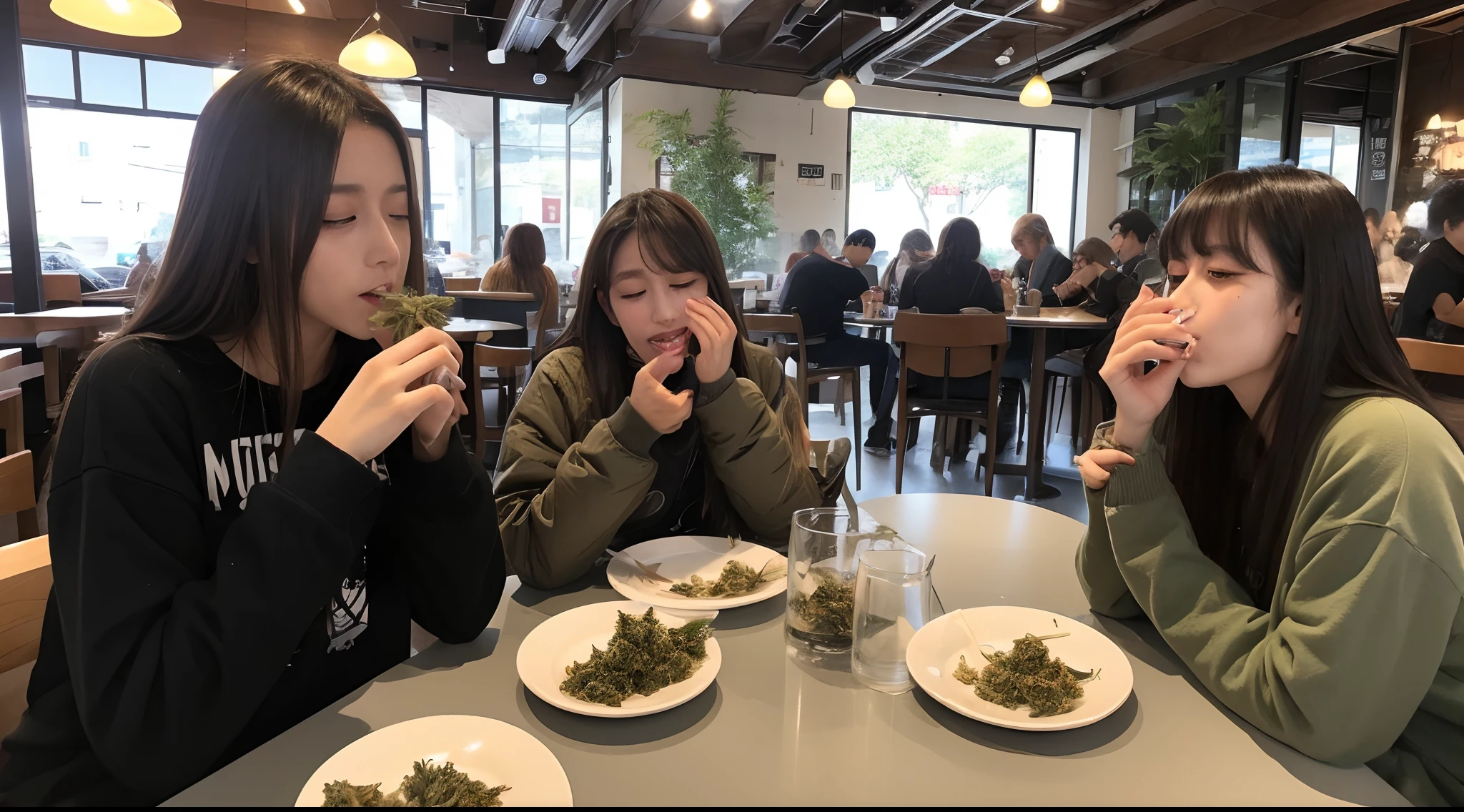 A lot of cannabis on the table、Cannabis buds、Woman smoking cannabis in café、Massive amount of white smoke from the mouth