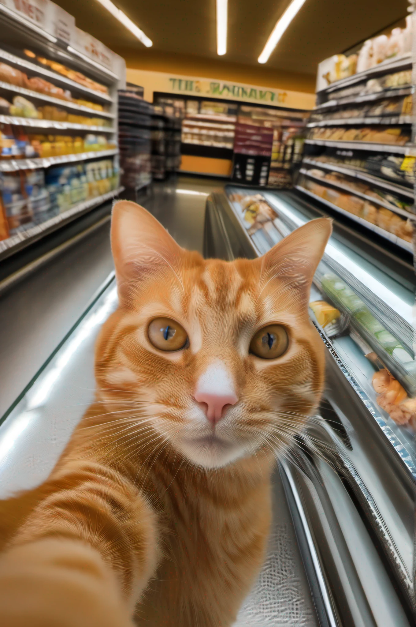 Orange cat takes selfie in supermarket pov, social media composition, from below, Sony FE GM, Solo focus, Face focus, Mirror selfie, Front view, From above, Looking up, Eye-contact, Portrait photography, 4K, detail, best quality, Smile, Shop --creative --v 5.2