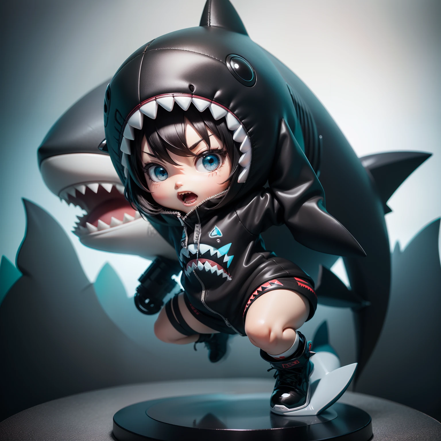 Chibi, shark, Cute, Shark hat,  actionpose, Black Hair Bob, Shark Suit, Big Badejo, Full body, masutepiece, 3D Rendering, Best Quality, Lots of detail, (Plain background), vinyl toy figurine