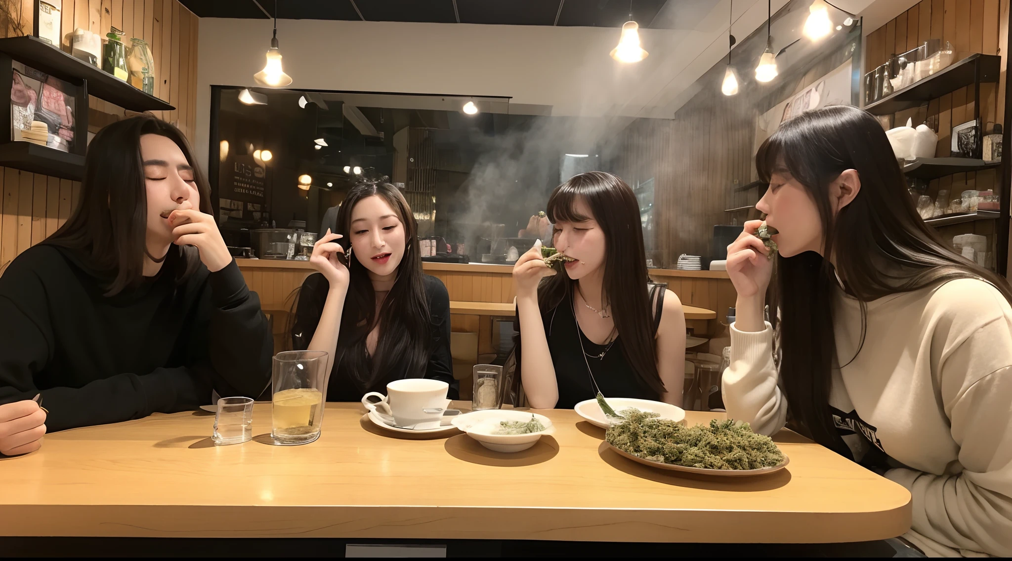 A lot of cannabis on the table、???????? buds、Woman smoking ???????? in café、Massive amount of white smoke from the mouth