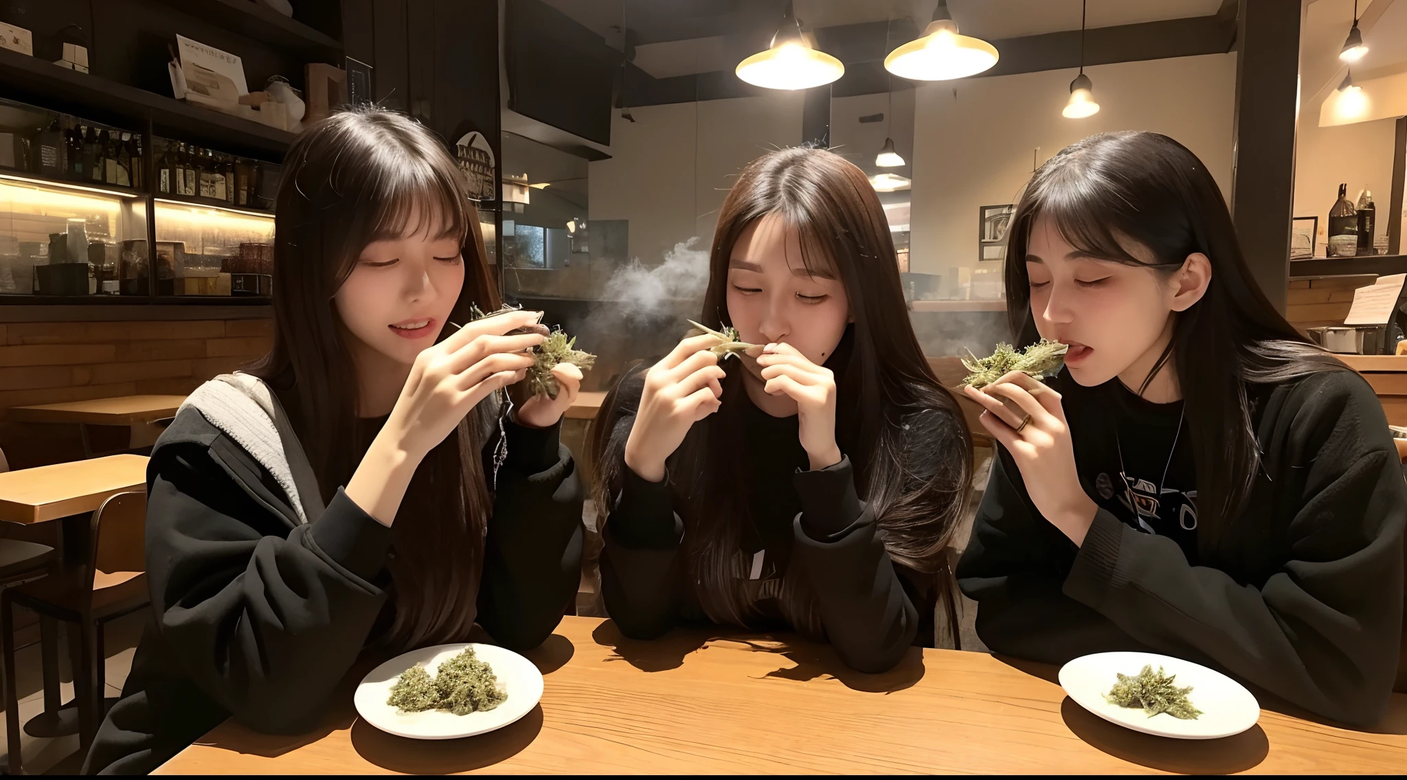 A lot of cannabis on the table、Cannabis buds、Woman smoking cannabis in café、Massive amount of white smoke from the mouth